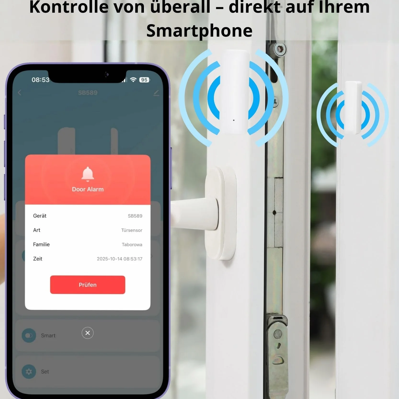 Sone Smart One Türsensor Alarm, Fenstersensor Drahtloser. Alarm in Echtzeit. WLAN WiFi Smart Life/Tuya App kompatibel mit Alexa/Google Home