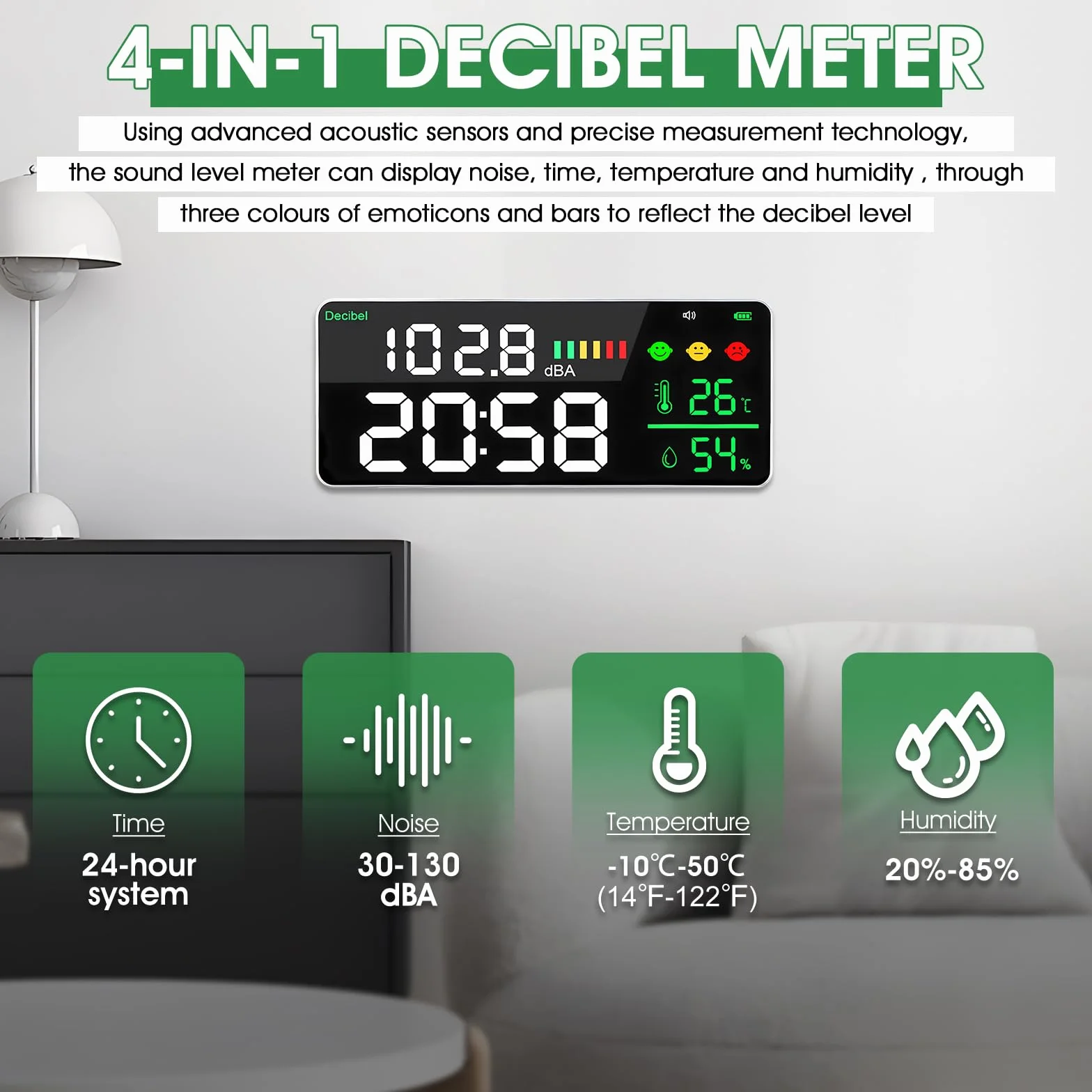 Schallpegelmesser Dezibel Messgerät LED-Bildschirm Helligkeitsanpassung 30-130dBA Bereich 4-in-1 Lärm, Zeit, Temperatur und Luftfeuchtigkeit Geeignet für Haus, Büro, etc