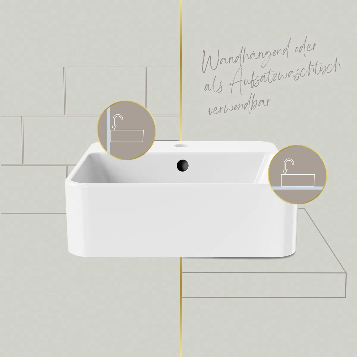 Lenz Handwaschbecken VALEA für Gäste-WCs und kleine Bäder – 40 cm x 38,5 cm – Wandhängend oder als Aufsatzwaschtisch – Superglatte KeepClean Oberfläche – Mit Überlauf, Weiß, 41010161