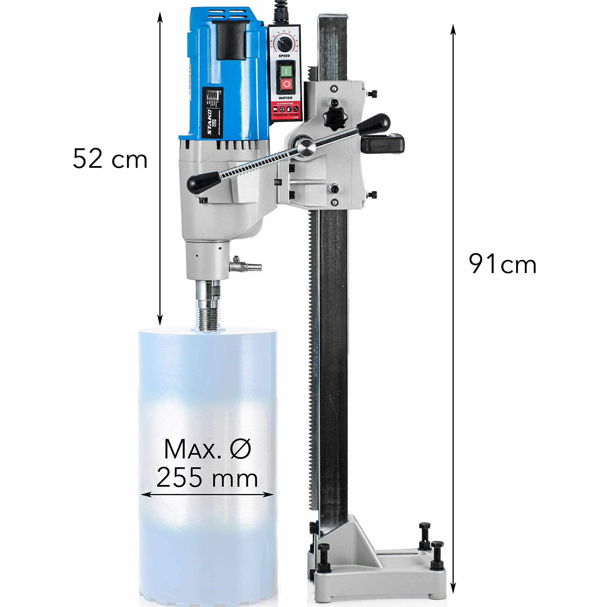 STAKO Professioneller Kernbohrmaschine mit kraftvollem 4250 Motor – mit Kernbohrständer – Bohrdurchmesser Max. Ø 255 mm – Diamant Kernbohrgeräte für beton 0-560 U/min – Kernbohreinheit mit PRCD-Schut