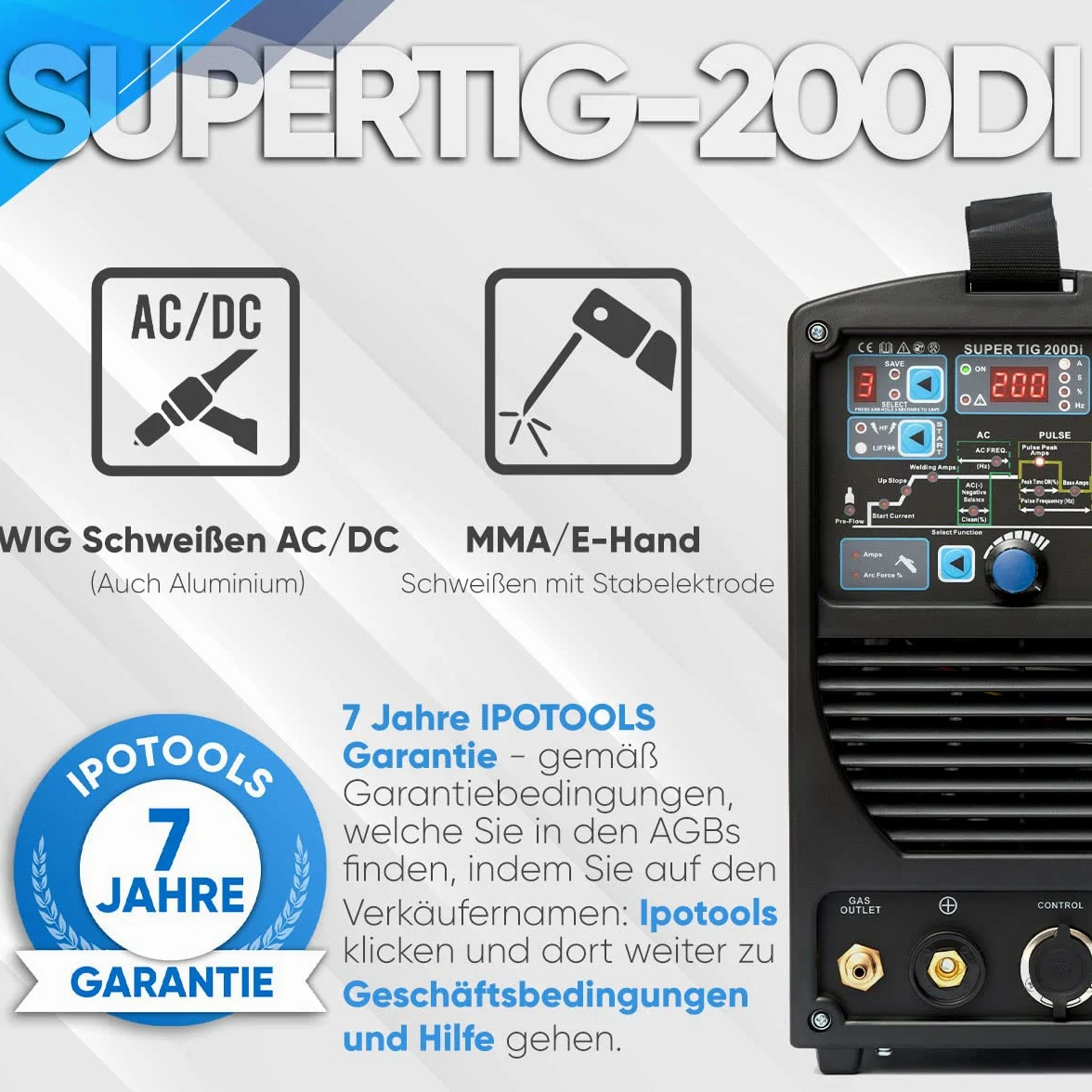 IPOTOOLS SUPERTIG 200DI WIG Schweißgerät AC DC Schweissgerät mit 200 Amper Volldigitales Inverterschweißgerät Inkl HF-Zündung, Pulsfunktion, MMA, IGBT, 7 Jahre Garantie
