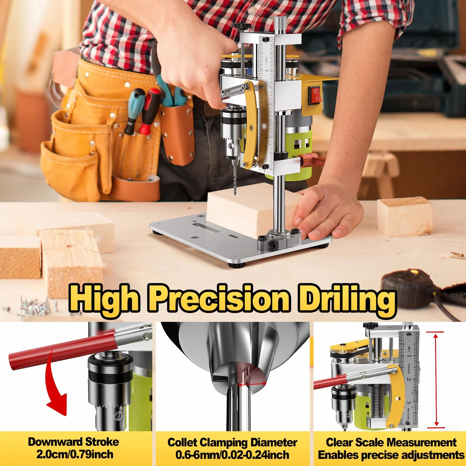 Yofuly Säulenbohrmaschine Mini-Bohrmaschine mit 7 Geschwindigkeiten, Mini Bank Tischbohrmaschine Drehzahlreglung Bankbohrmaschine für Holz, Metall und Kunststoff Electric Drill Press