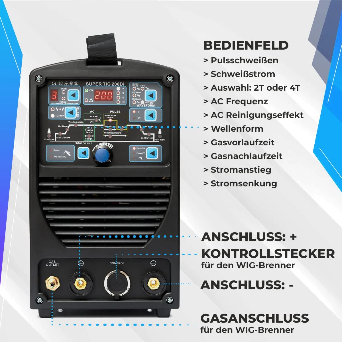 IPOTOOLS SUPERTIG 200DI WIG Schweißgerät AC DC Schweissgerät mit 200 Amper Volldigitales Inverterschweißgerät Inkl HF-Zündung, Pulsfunktion, MMA, IGBT, 7 Jahre Garantie