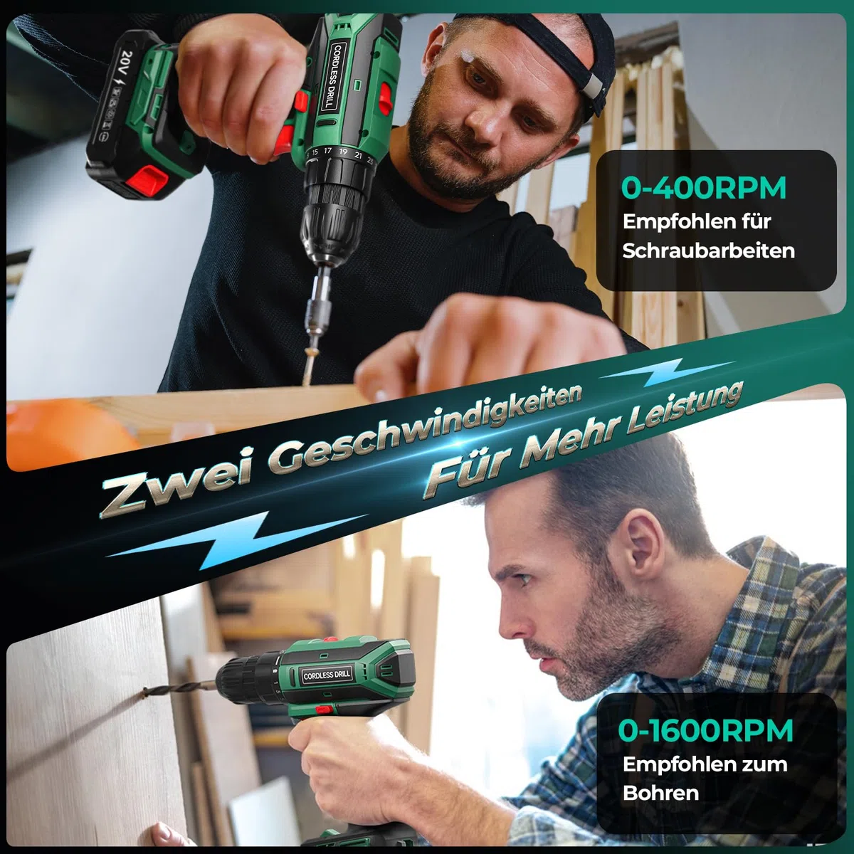 Akkuschrauber mit 2000mAh Akku, 20V Akku Bohrschrauber Set 42Nm Max, 2-Gang Akku-Bohrmaschine, Kompatibel mit Makita Akku, 25+1 Drehmomentstufen, 10mm Bohrfutter, LED-Licht, Für Reparatur und DIY Grün