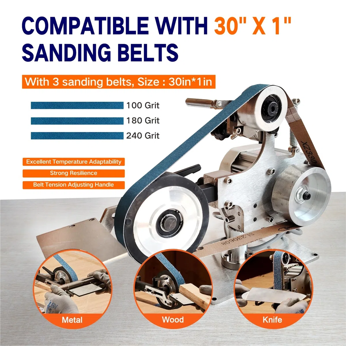 Bandschleifer 550W mit 3 Schleifbändern, 76,2 x 2,5 cm kompatible Bänder, Körnung 100/180/240, Metall Holz Messer Schleifmaschine, Modell JLD10-8