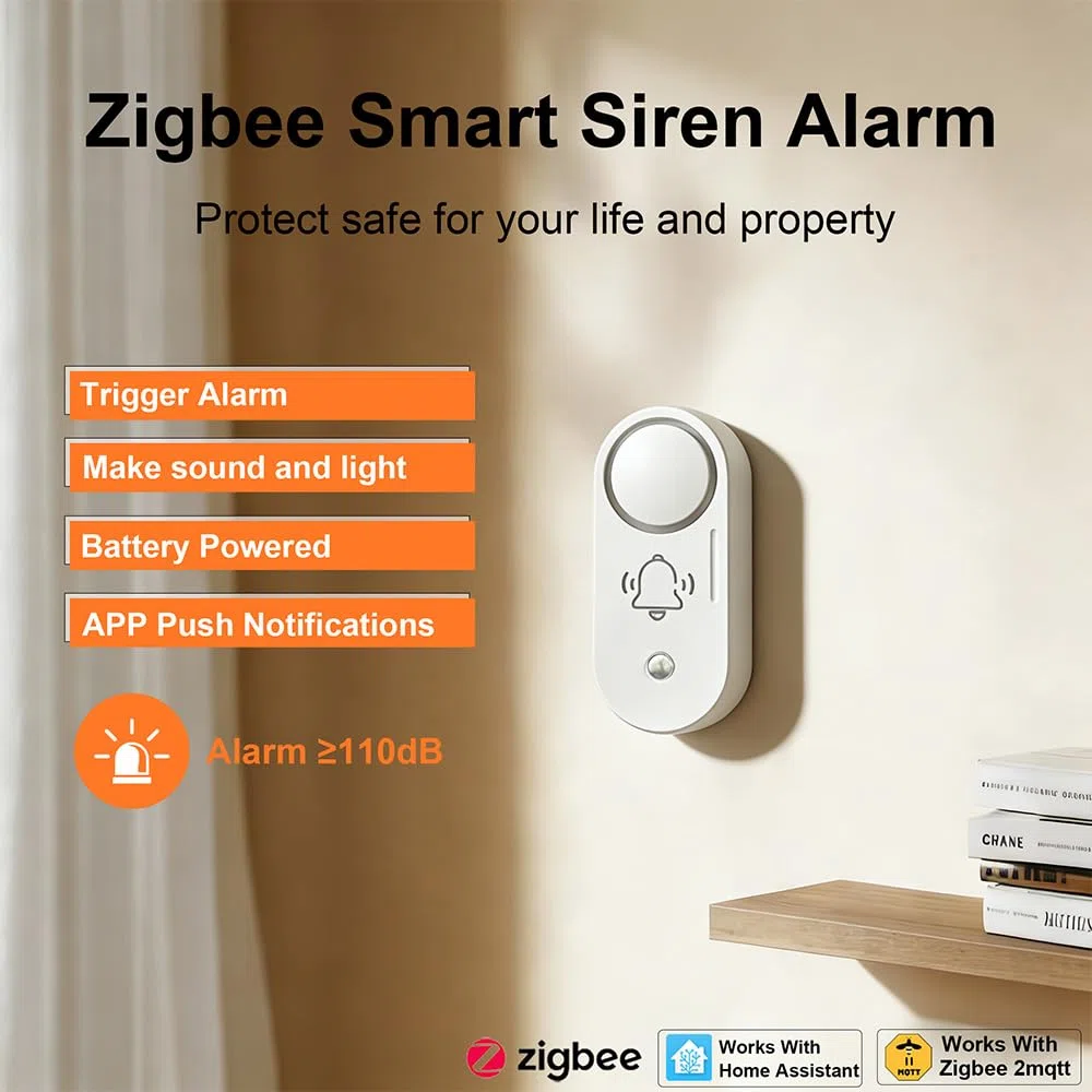 Haozee Zigbee Funk-Sirenenalarm, 110 dB lauter Sicherheitsalarm | batteriebetrieben,smarte App-Steuerung & Szenenverknüpfung, einfache Installation, kompatibel mit Home Assistant