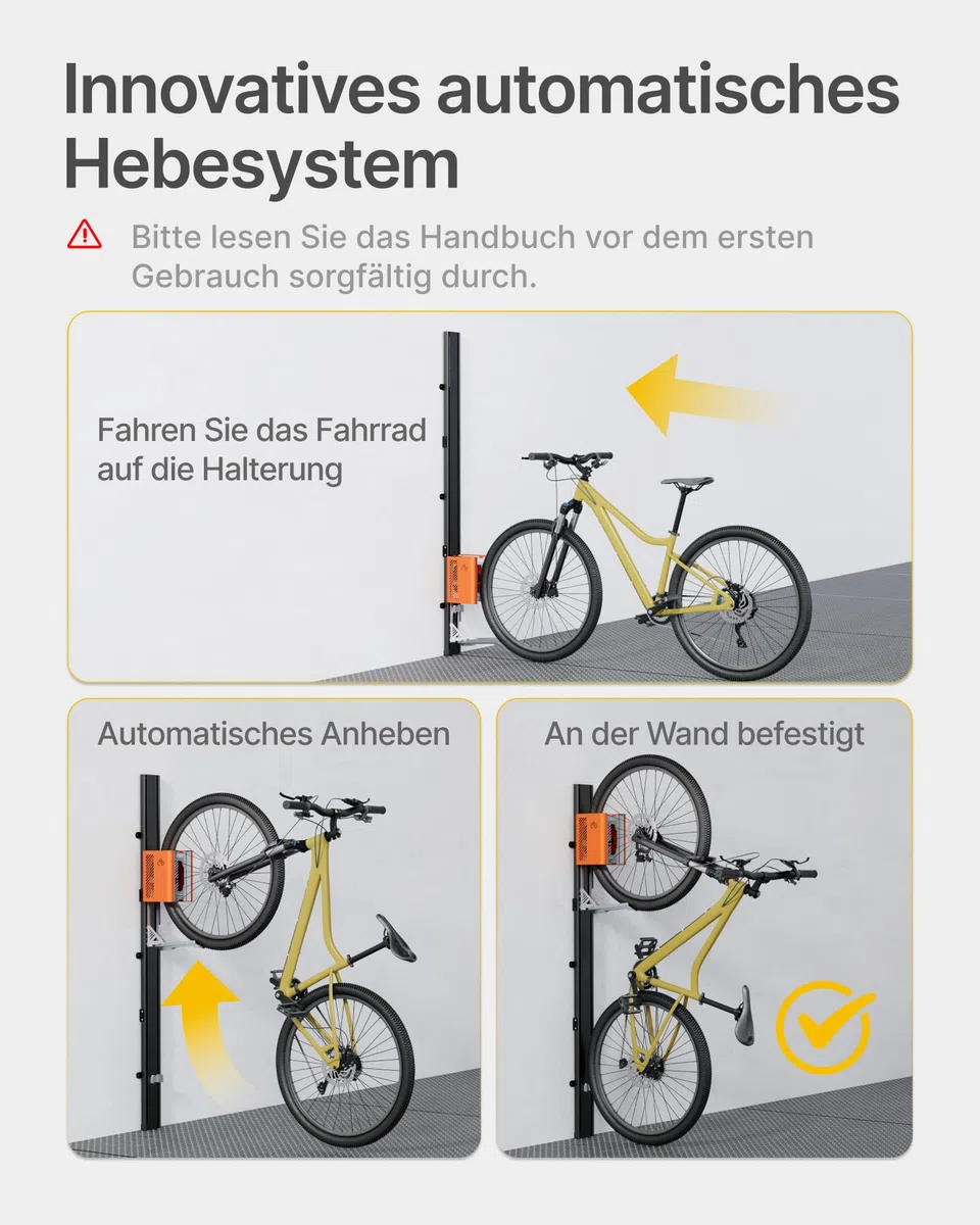monTEK Automatischer Fahrradlift – Vertikaler Fahrradträger für schwere Fahrräder (bis 32 kg) – Einfache Montage, platzsparende Wandhalterung für Garage, Schuppen, Wohnung – Für 24-29" Reifen, E-Bikes