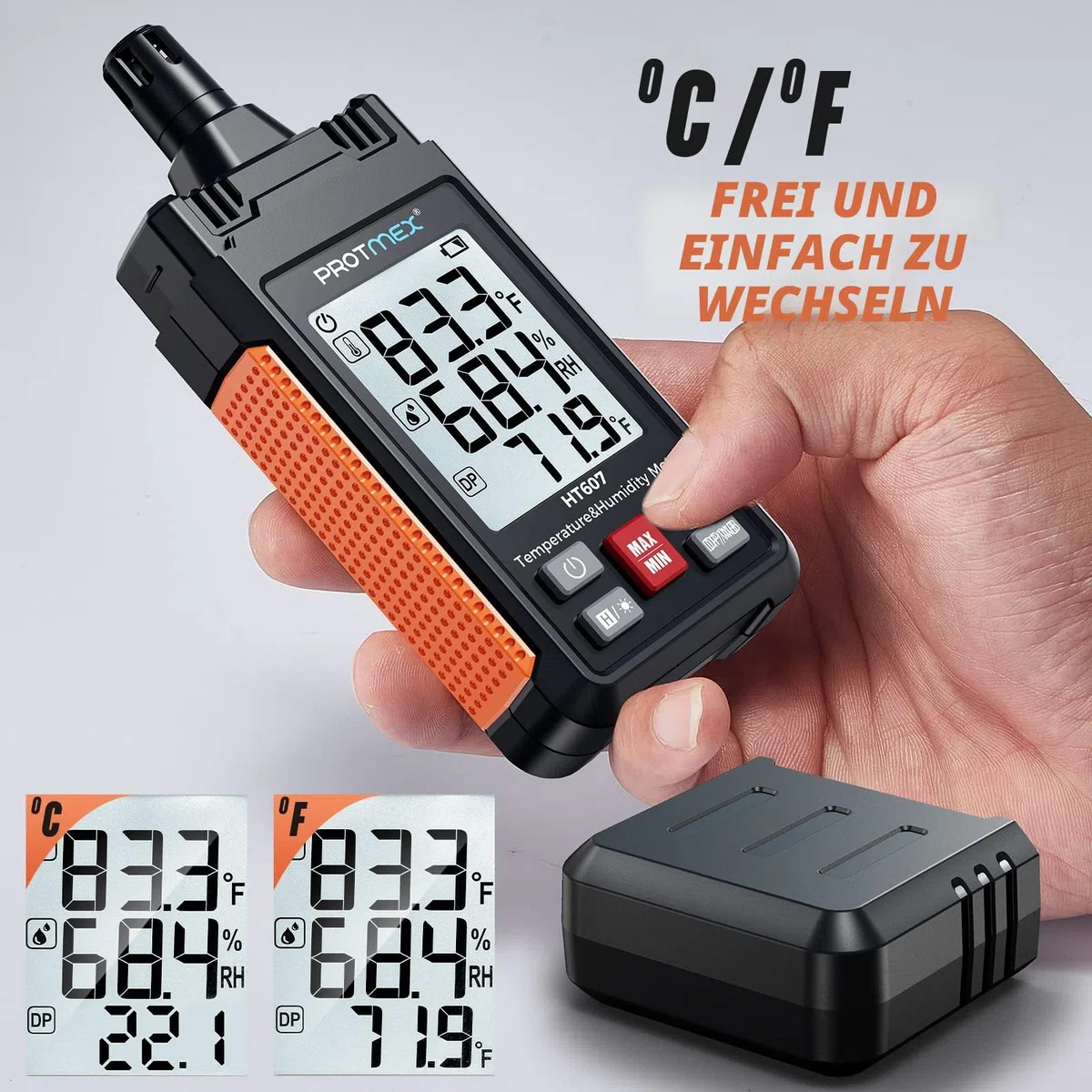 HT607 Temperatur-Feuchtigkeitsmessgerät Hochpräzisionsmessgerät mit Umgebungsluft, relativer Feuchte, Taupunkt, Feuchtkugelthermometer, Min/Max Hold, LCD-Hintergrundbeleuchtung