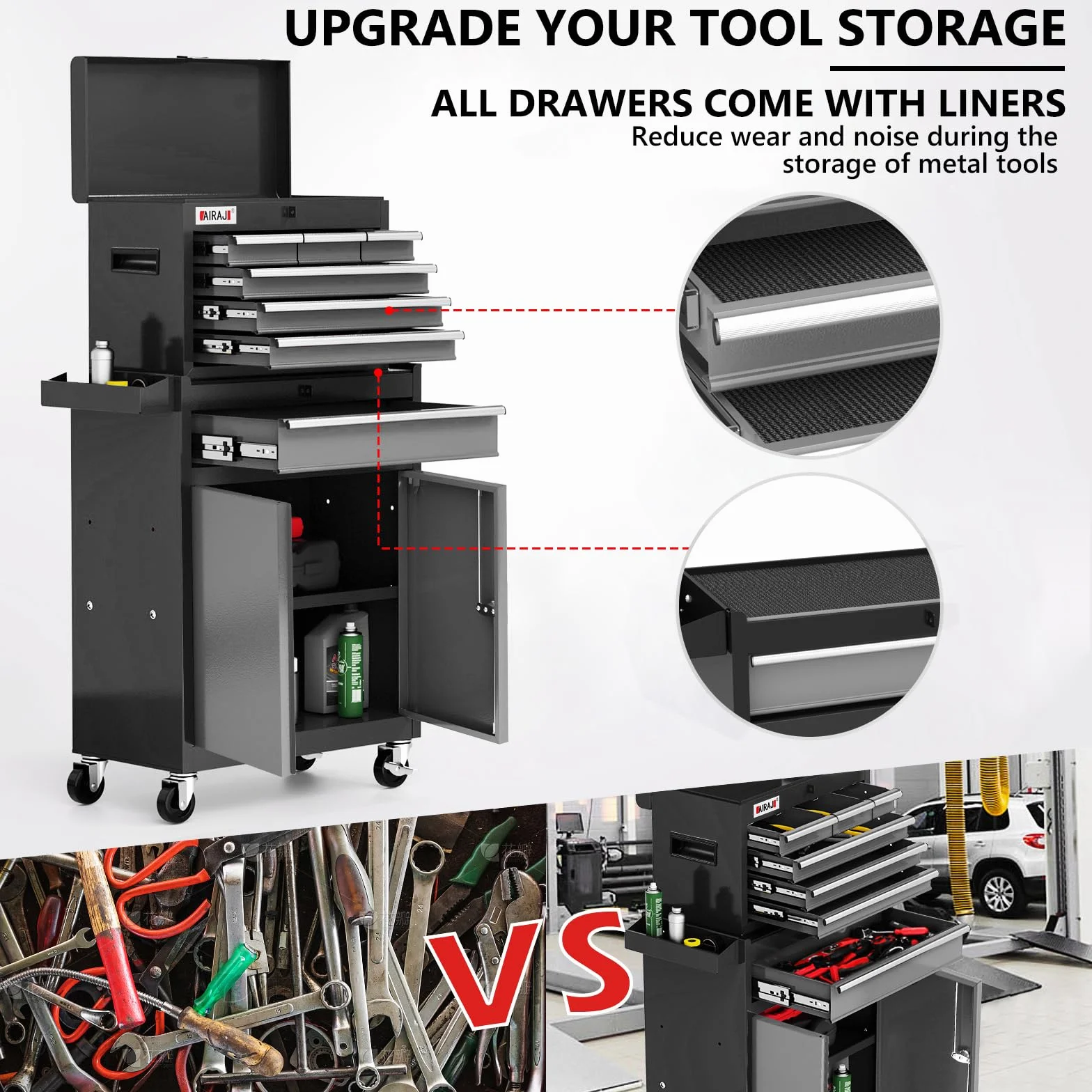 7-Schubladen Werkstattwagen |40 Zoll Werkzeugwagen | Werkzeugwagen Leer mit abnehmbarem Metalldeckel | Werkstatt- und Lagerschrank | Werkstattwagen Leer mit Haken, Einlage und Tablettteiler | Schwarz
