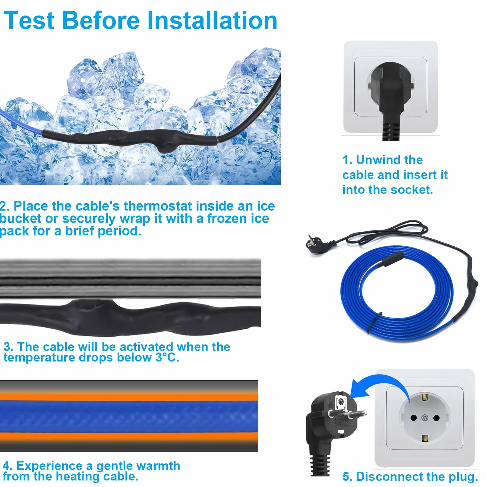 Selbstregulierendes Enteisungs-Heizkabel für Rohr-Frostschutz, Rohr-Heizband mit Eingebautem Thermostat zum Schutz von Wasserrohren, Metall/Kunststoff-Hausrohren, Dachrinnen, Trögen (3M, 17 W/M)