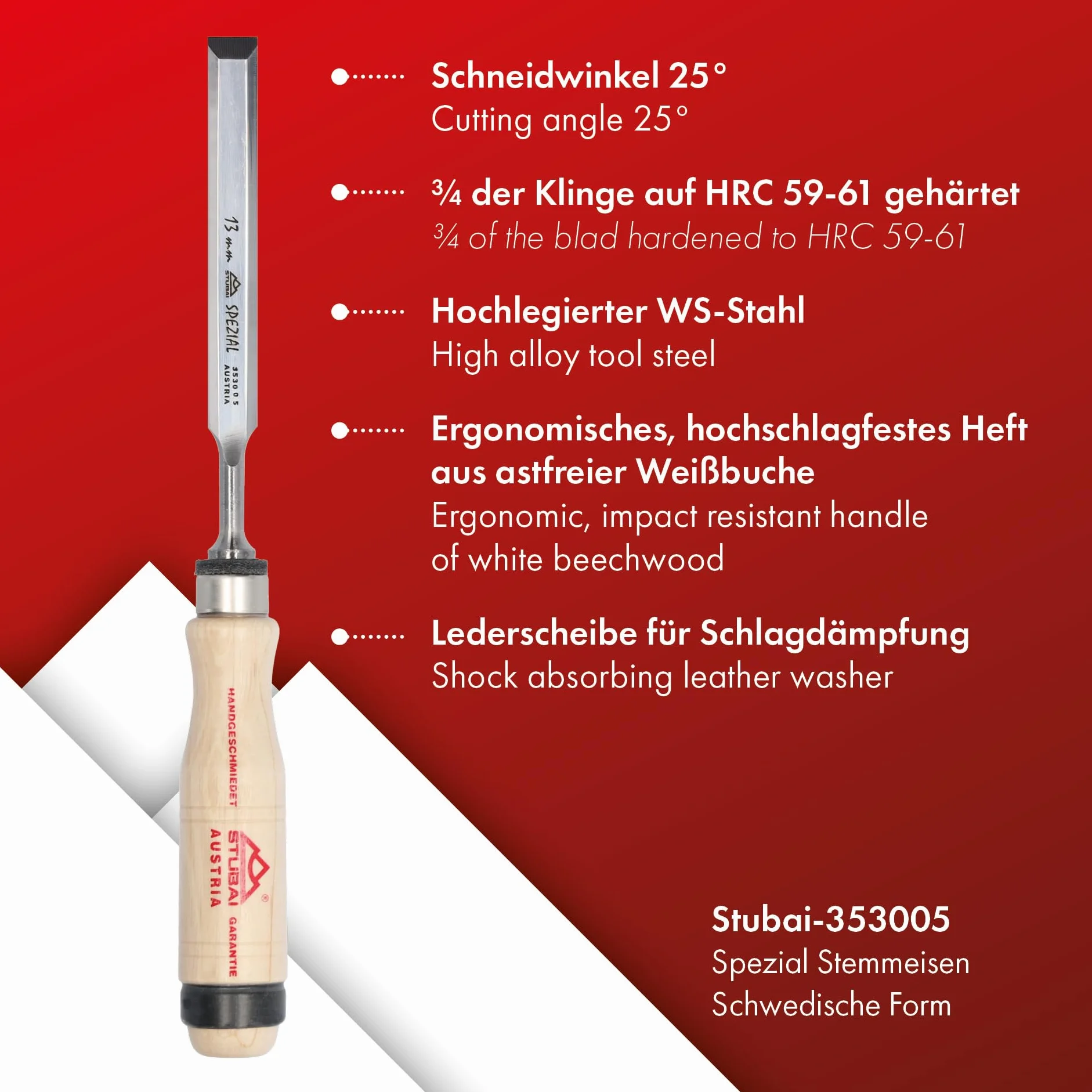 STUBAI Spezial Stemmeisensatz | schwedische Form | 6-teilig (6/10/13/16/20/26 mm) | Weißbuchen-Holzheft, polierte Spiegelflächen, Seitenfasen, Profi-Beitel-Set für präzise Holzbearbeitung