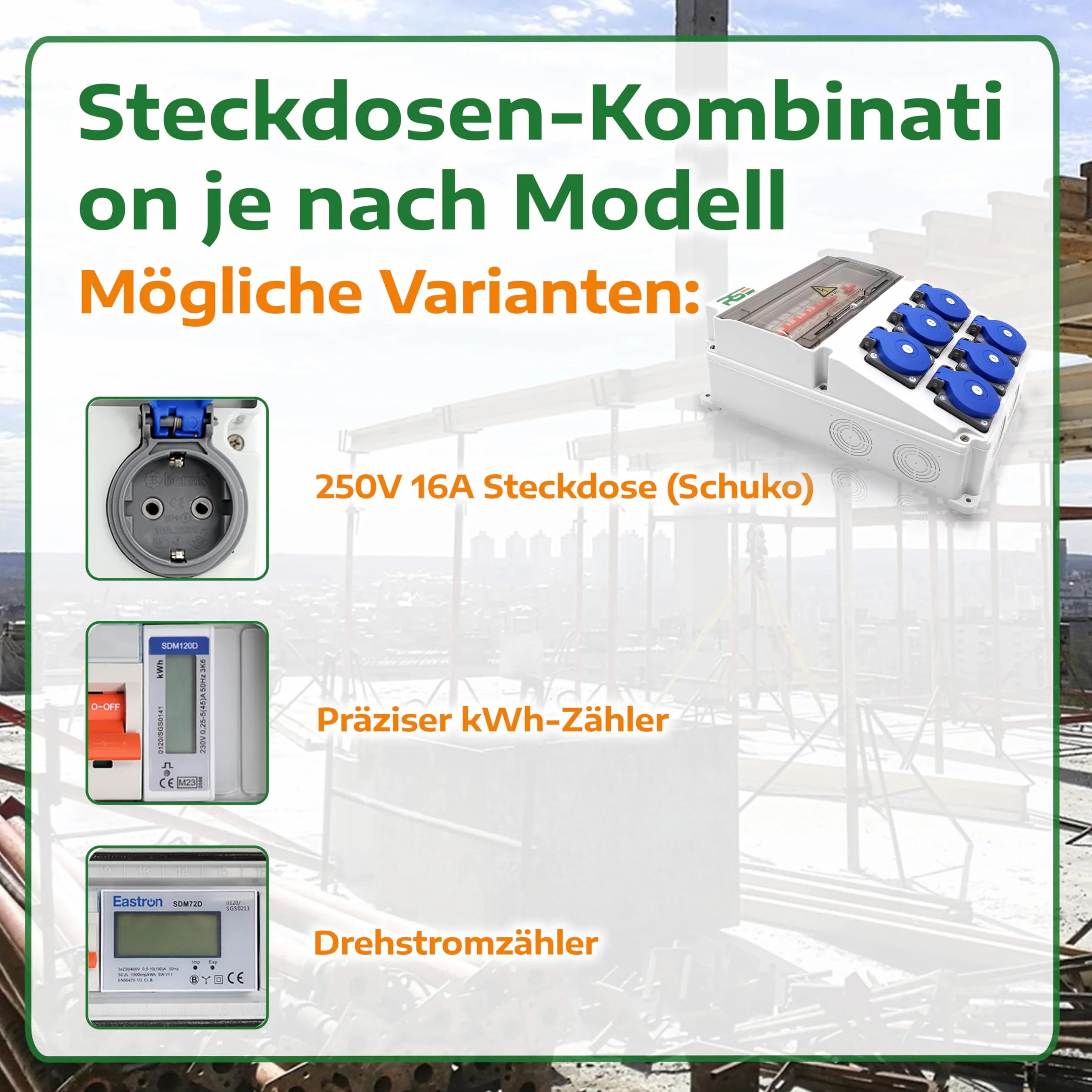 RSE BAUSTROMVERTEILER WANDVERTEILER KOMPLETT VERDRAHTET 230V SCHUKO MIT ZÄHLER ZUR AUSWAHL IP65, 8. 6X 230V MIT LS + FI