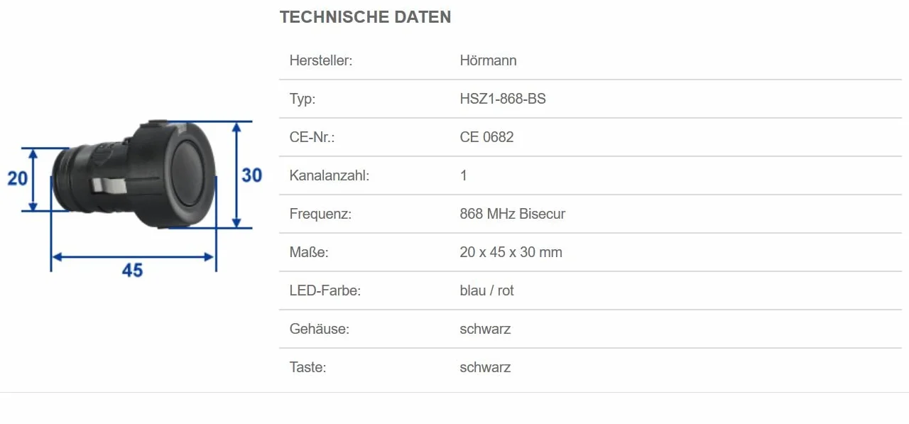 Hörmann Handsender HSZ1 868-BS, praktischer 1-Tasten-Garagentoröffner, Funkfernbedienung mit BiSecur-Funktechnik, schwarz, Art.-Nr. 436779