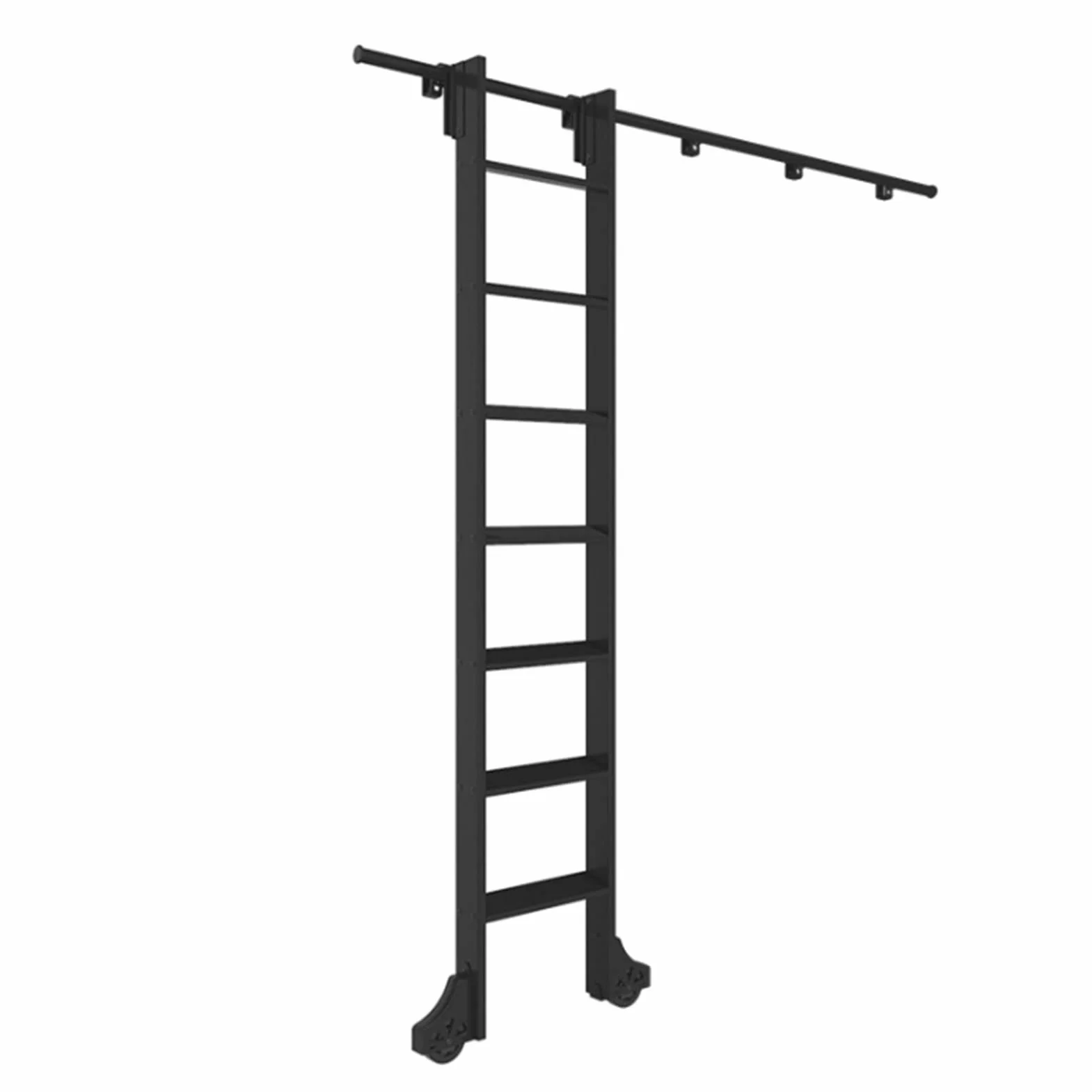 Rollende Bibliotheksleiter-Hardware-Kit – vollständiger Satz schwarzer Stahlschienen mit Bodenrollenrädern – 1 m bis 6 m Schiebe-Bibliotheksleiter (ohne Leiter)