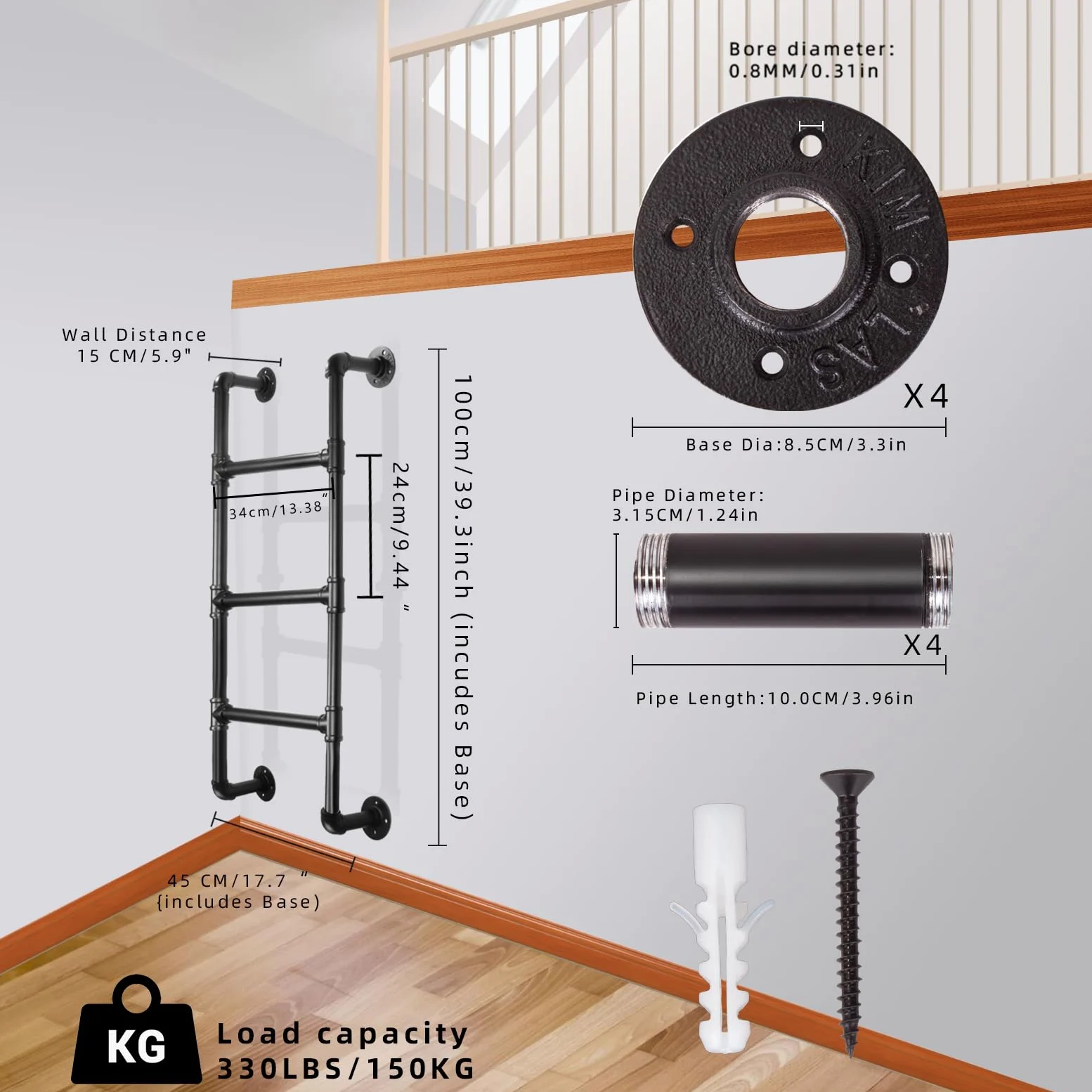 3-Sprossen Wandleiter aus schwarzem Metall, 100 cm/3.3FT, bis 150 kg belastbar, Robuste und platzsparende Ausstiegsleiter für Etagenbett, Loft, Dachboden, und Kellerfensterschacht