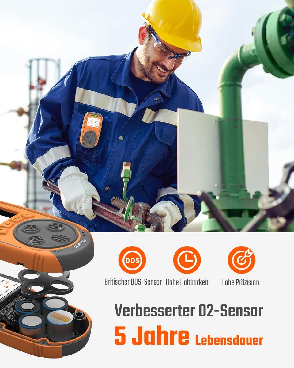 TopTes Guard-863Pro 4-Gas-Messgerät für H₂S, CO, LEL und O₂, mit TFT-Farbdisplay, verbessertem O₂-Sensor (5 Jahre Lebensdauer), USB-Datenausgabe, 18 Std. Akkulaufzeit, zuverlässig für Arbeit & Zuhause