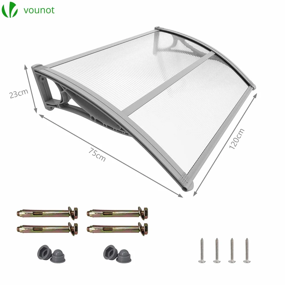 VOUNOT Vordach für Haustür 120 x 80 cm, Überdachung Haustür aus Aluminium und Polycarbonat, Transparentes Pultbogenvordach, Pultvordach