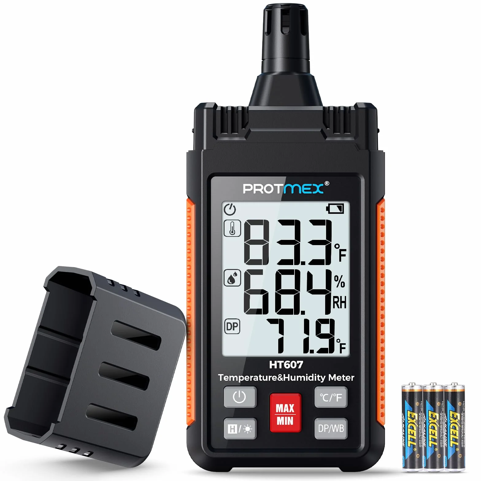 HT607 Temperatur-Feuchtigkeitsmessgerät Hochpräzisionsmessgerät mit Umgebungsluft, relativer Feuchte, Taupunkt, Feuchtkugelthermometer, Min/Max Hold, LCD-Hintergrundbeleuchtung
