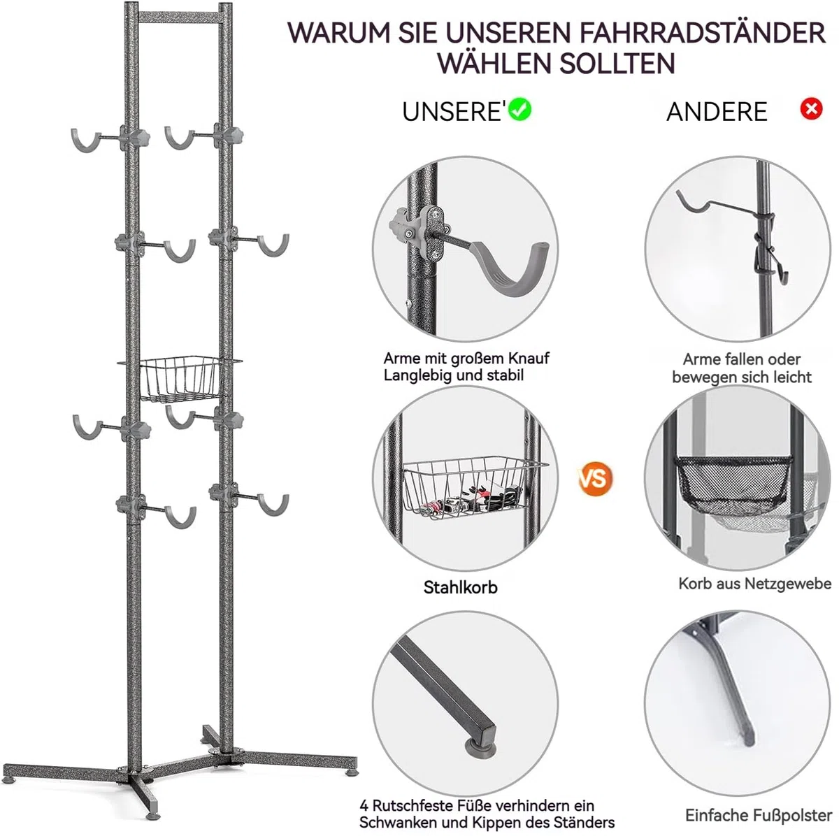CXWXC Fahrradständer Boden Für 4 Fahrräder Belastbar bis 70kg/160 Pound Fahrrad Ständer Halter Indoor Garage Lagerung im Freien…
