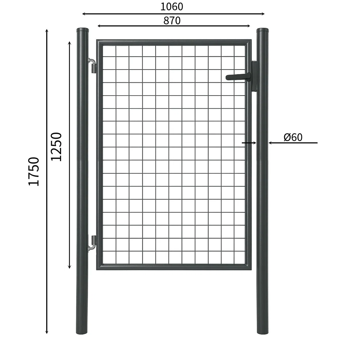 ATTAS Gartentor Metall | 125x100, anthrazit, inkl. Schloss und 3 Schlüssel abschließbar| Zauntür, Gartentür für Doppelstabmattenzaun Tor, Zauntor Metall, Hoftor, Rund