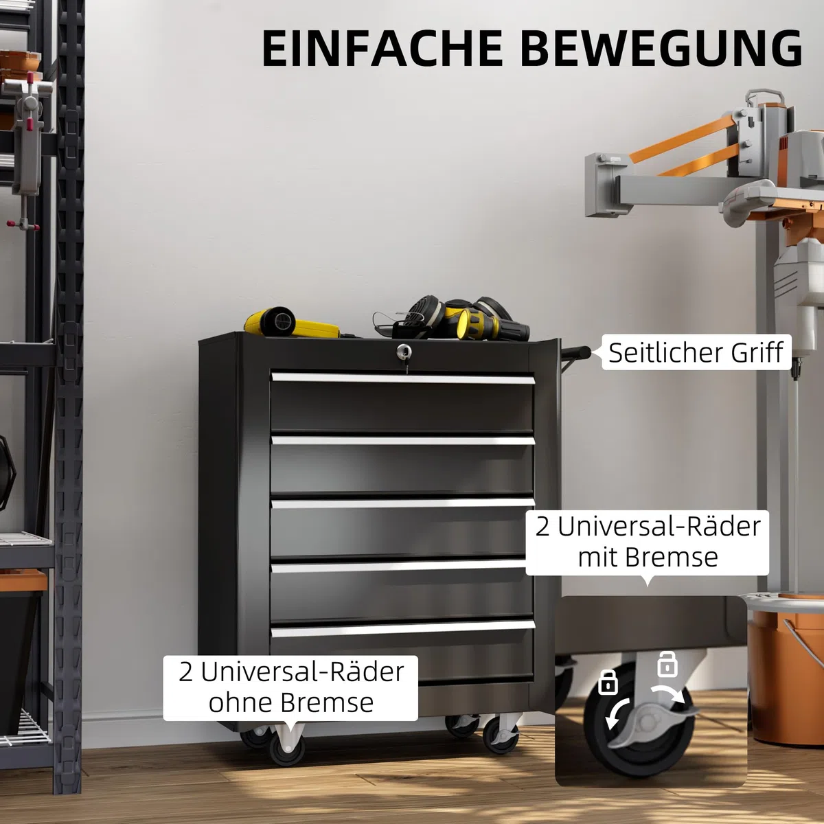 HOMCOM Werkstattwagen leer Werkzeugwagen abschließbar mit 5 Schubladen, 2 Schlüssel, Antirutschmatten, Werkzeugschrank mit Griff Schwarz
