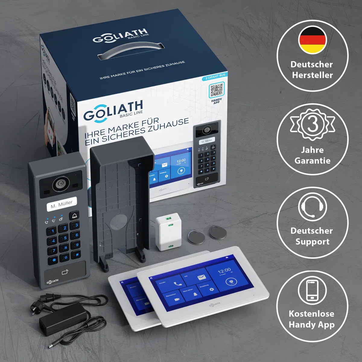 GOLIATH Basic 2-Draht Bus Video-Türsprechanlage, Full-HD, App-Steuerung, 2X 7 Zoll Monitore in Weiß, RFID & Keypad, 1-Familienhaus, Aufputz, AV-BLS-K-02W