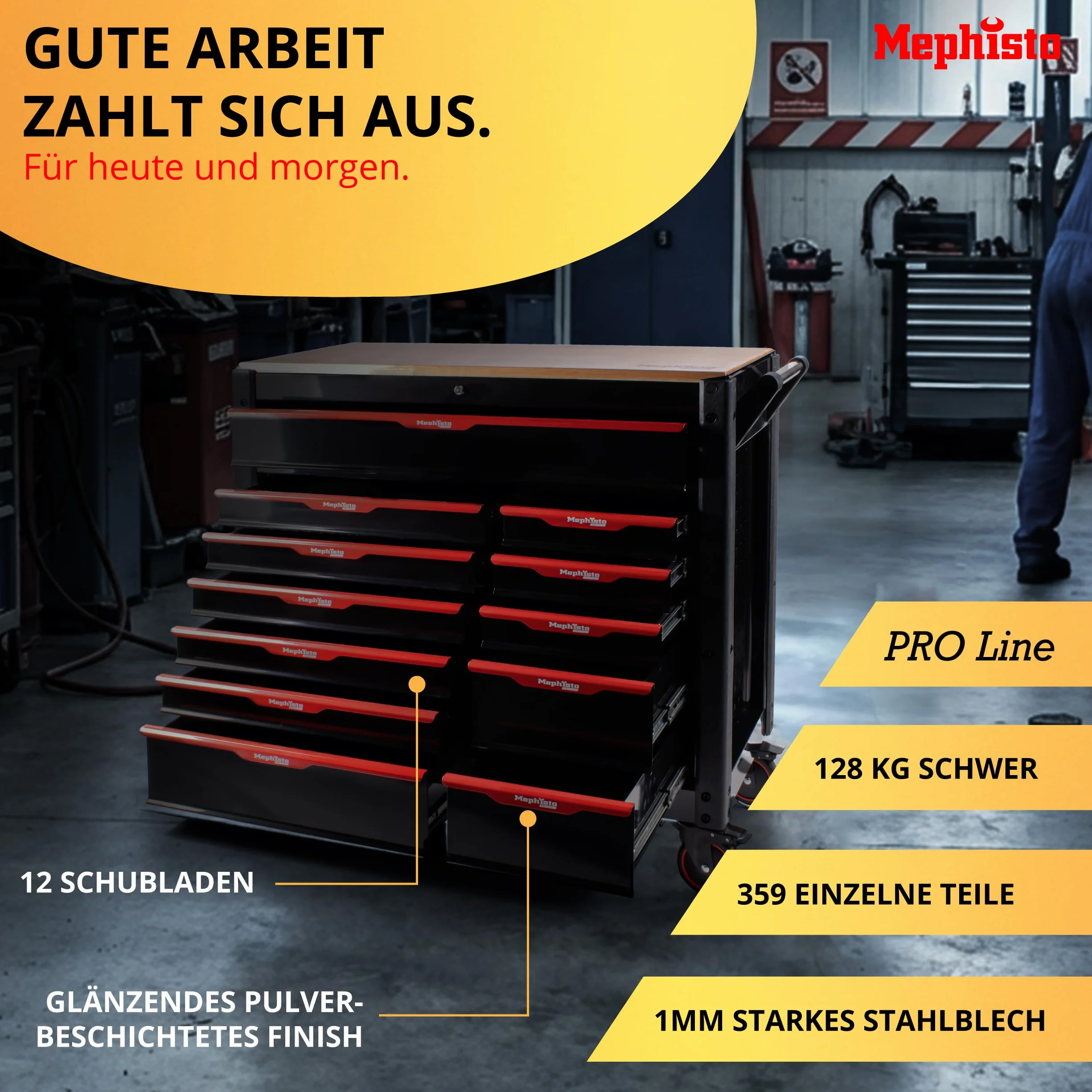 Mephisto Pro-Line BIG Werkzeugwagen Werkstattwagen gefüllt mit 12 Schubfächer davon 11 inkl. Werkzeug wie VDE Schraubendreher, Ratsche mit Nusskasten, Schraubendreher-Set in Soft Inlays in Carbon Lock