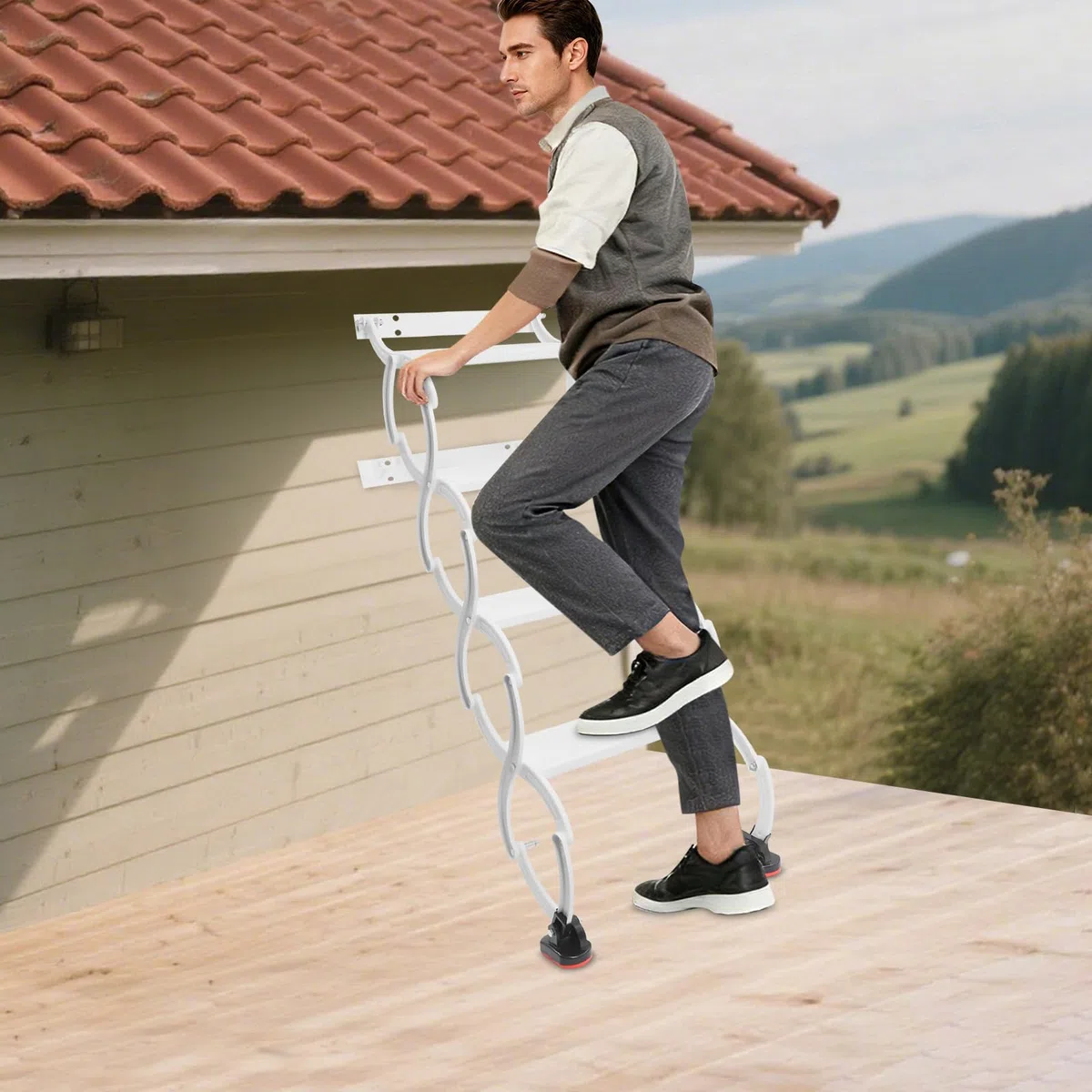 Dachbodentreppe, 4 Stufen Wandmontierte Ausziehbare Klapptreppe, Wandmontierte Dachbodenleiter, rutschfesten Stufen Loftleiter, Teleskop-Stufenleitern, Tragkraft 200 kg