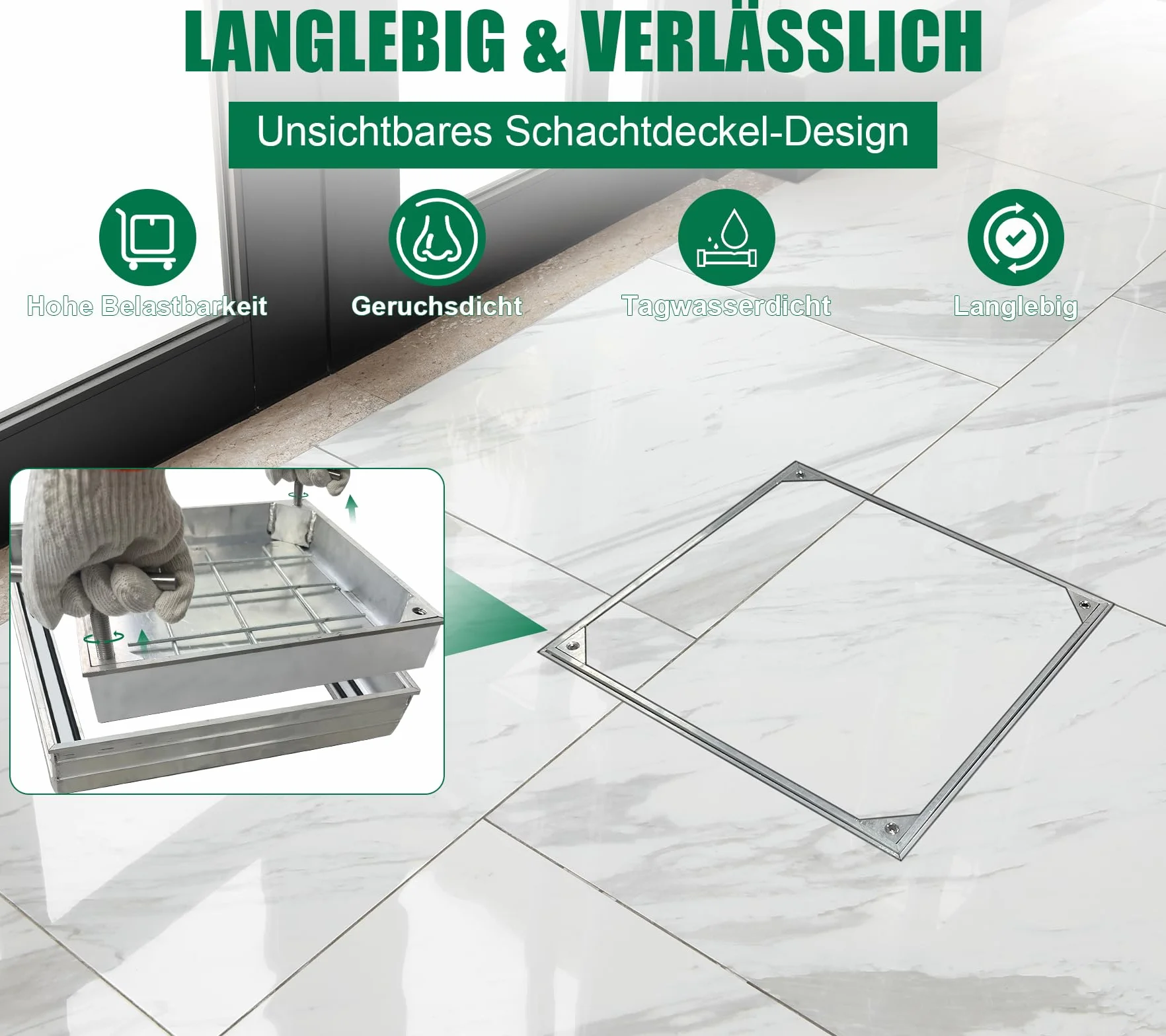 Schachtabdeckung Befliesbar Alu Lichte Weite: 300 x 300 mm | Höhe: 55 mm Schachtdeckel Auspflasterbar mit Dichtung ＆ Rahmen für Innen/Außen Geruchsdicht Wasserdicht Rostfrei inkl. Hebegriffen