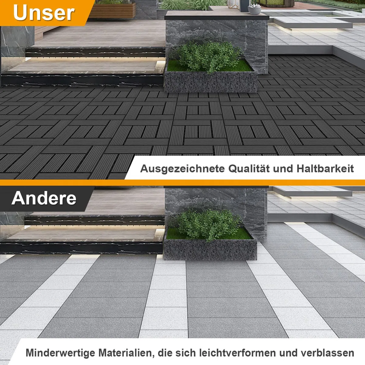 Fiqops 10 Stück WPC Terrassenfliesen, 30x30 cm WPC Fliesen,Balkon Bodenfliese mit Klick-System,Balkonfliesen in Holzoptik,Terrassendielen Wasserfest für Terrasse,für 10m²,Anthrazit