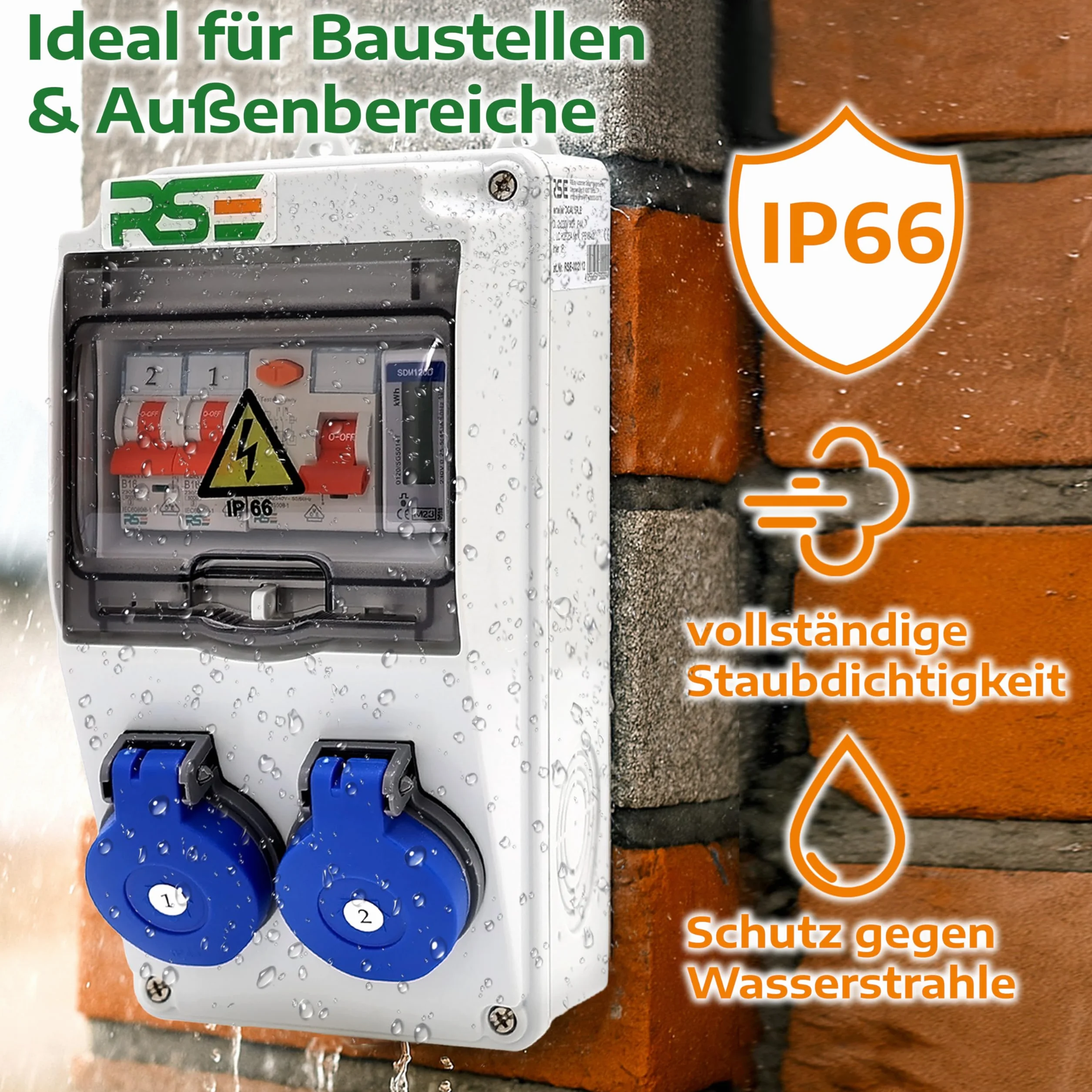 RSE BAUSTROMVERTEILER WANDVERTEILER KOMPLETT VERDRAHTET 230V SCHUKO MIT ZÄHLER ZUR AUSWAHL IP65, 8. 6X 230V MIT LS + FI