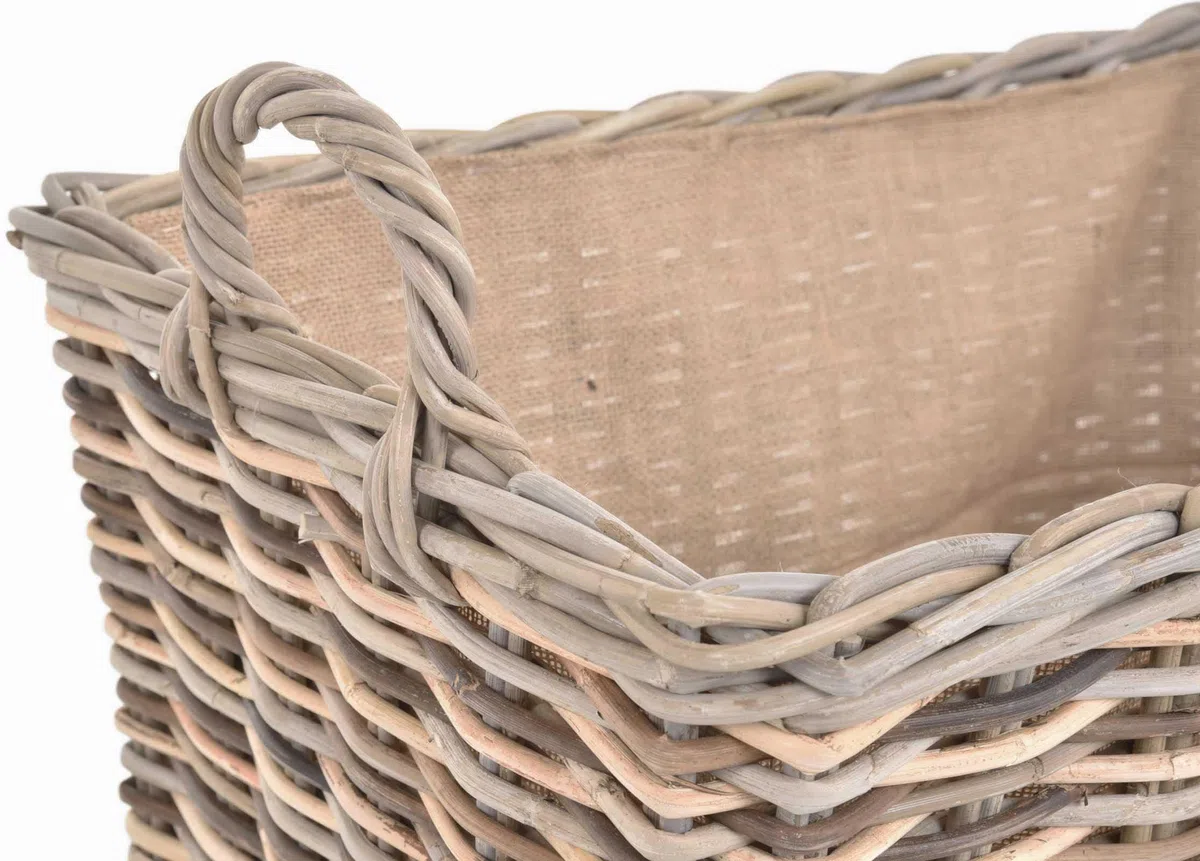 Stabiler Kaminholzkorb, Flechtkorb mit eingearbeitetem Jutestoff/Holzkorb aus unbehandeltem Natur-Rattan (Mix Natur)