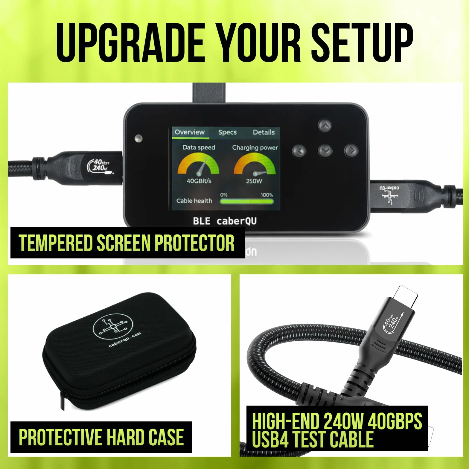 BLE caberQU Digitaler USB-C-Kabeltester, USB PD 3.0/3.1/3.2 eMarker-Anzeige, 25-polige Kontinuitäts-Pinbelegung, USB 2/3/4, Kabelwiderstand, iOS & Android App (BLE caberQU Sicherheitsset)