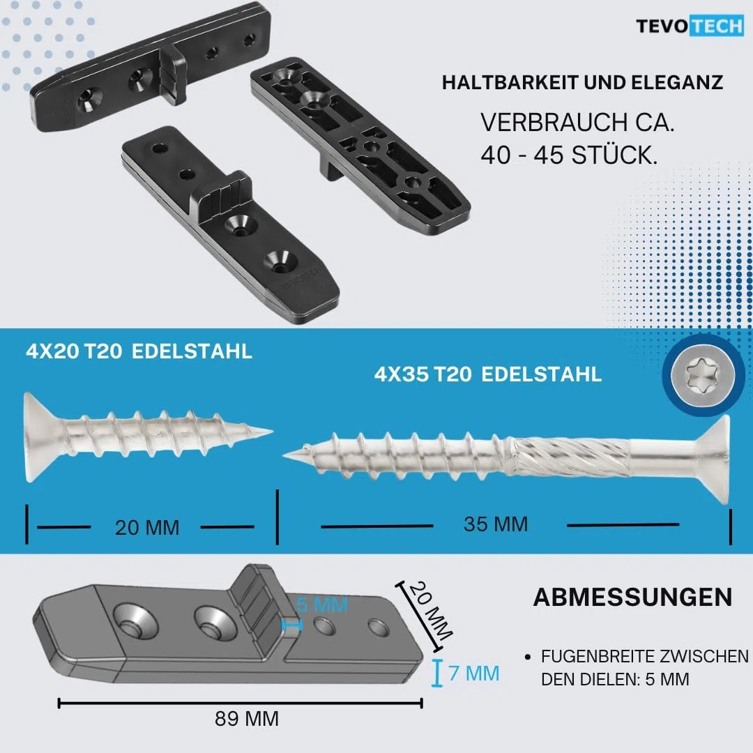 TEVOTECH Terrassenverbinder Set (150 Stück) inkl. Edelstahlschrauben – Unsichtbare Befestigung für Holz-Terrassendielen – Kunststoffclips mit Abstandshalter