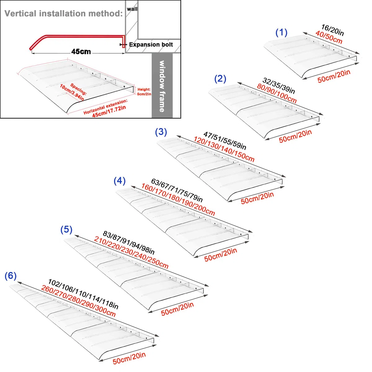 Unsichtbar Vordach Überdachung Haustürvordach,Transparent Pultvordach,Vordach für Haustür,Uv-Schutz Türdach Pultbogenvordach aus 3 Mm Polycarbonat,für Tür und Fenster (50x300cm/20 x118)