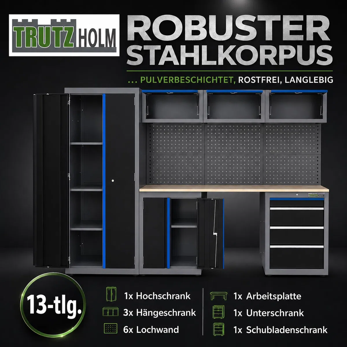 TRUTZHOLM Werkstattwand 13 tlg. aus Stahl 260 x 183 cm modulares Werkstattschranksystem flexibel stellbar & abschließbar mit Holzarbeitsplatte Hochschrank Schubladen Lochwand für Werkstattorganisation