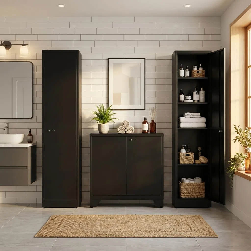 Spind Schrank, Mehrzweckschrank, Stahlschrank 40 cm breit, Aktenschrank Abschließbar mit 1 Tür & 4 Einlegeböden, Büroschrank für Ecke, Badezimmer, Küche, 180x40x35cm Schwarz
