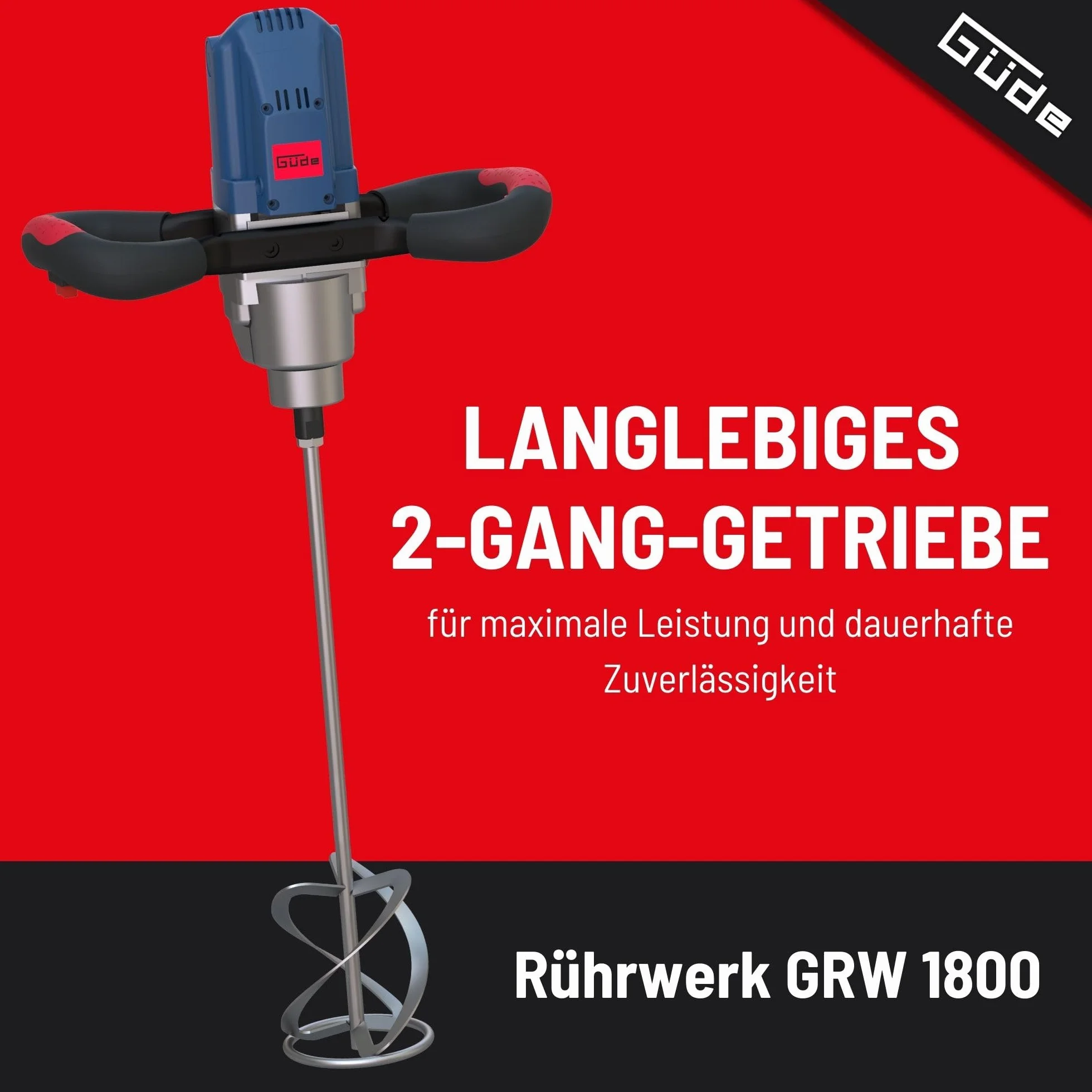 Güde Rührwerk GRW 1800 (professioneller Mörtel- und Farbrührer, 1800 W, max. 700 1/min, elektronische Drehzahlregulierung, Soft-Start-Funktion, Schalter für Dauerbetrieb, 2 Rührkörbe, Test SEHR GUT)