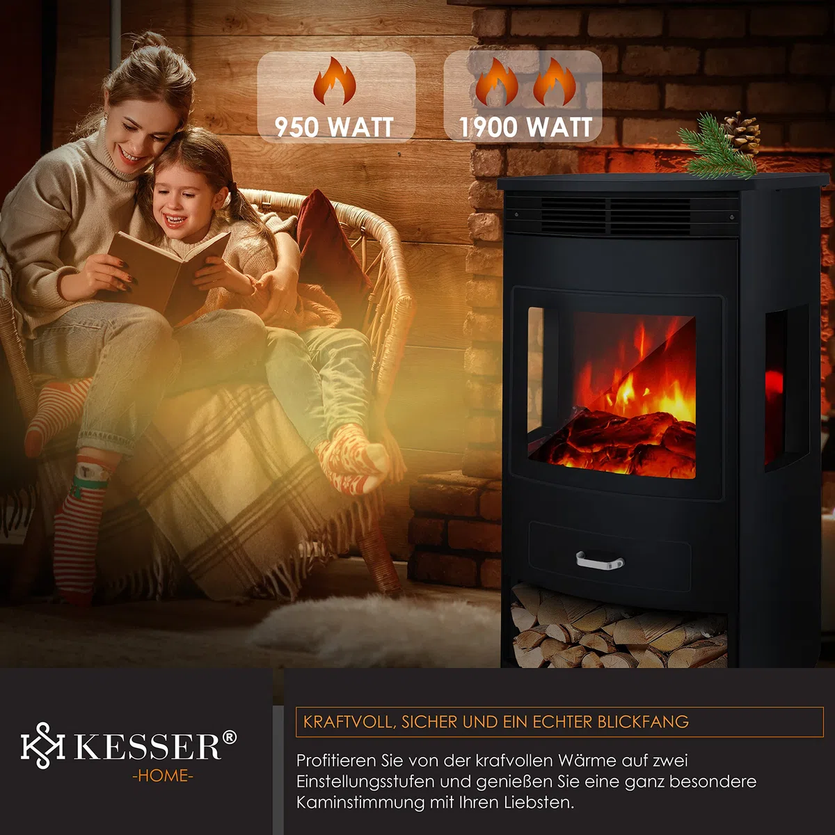KESSER® Prio Elektrokamin mit Heizung Heizlüfter Fernbedienung WiFi App 950/1900 W Kamin elektrisch LED-Flammeneffekt Kaminfeuer mit Thermostat Panorama-Sichtfenster Heizfunktion Timer