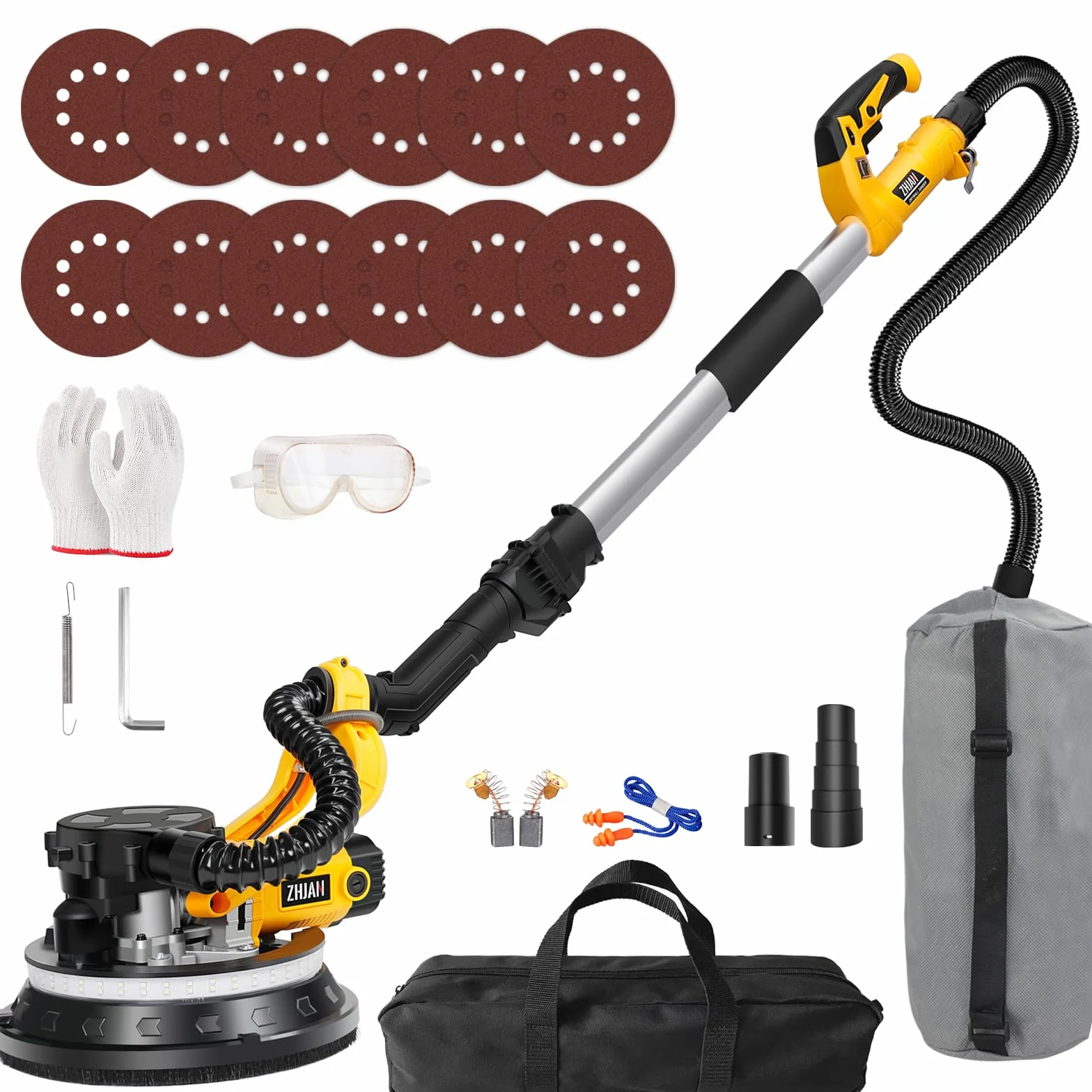 Trockenbauschleifer (880W), Schleifer mit doppelter LED-Beleuchtung, 5 variable Geschwindigkeiten, 1000-2100 U/min elektrischer Trockenbauschleifer mit 12 Schleifscheiben und Staubabsaugbeutel