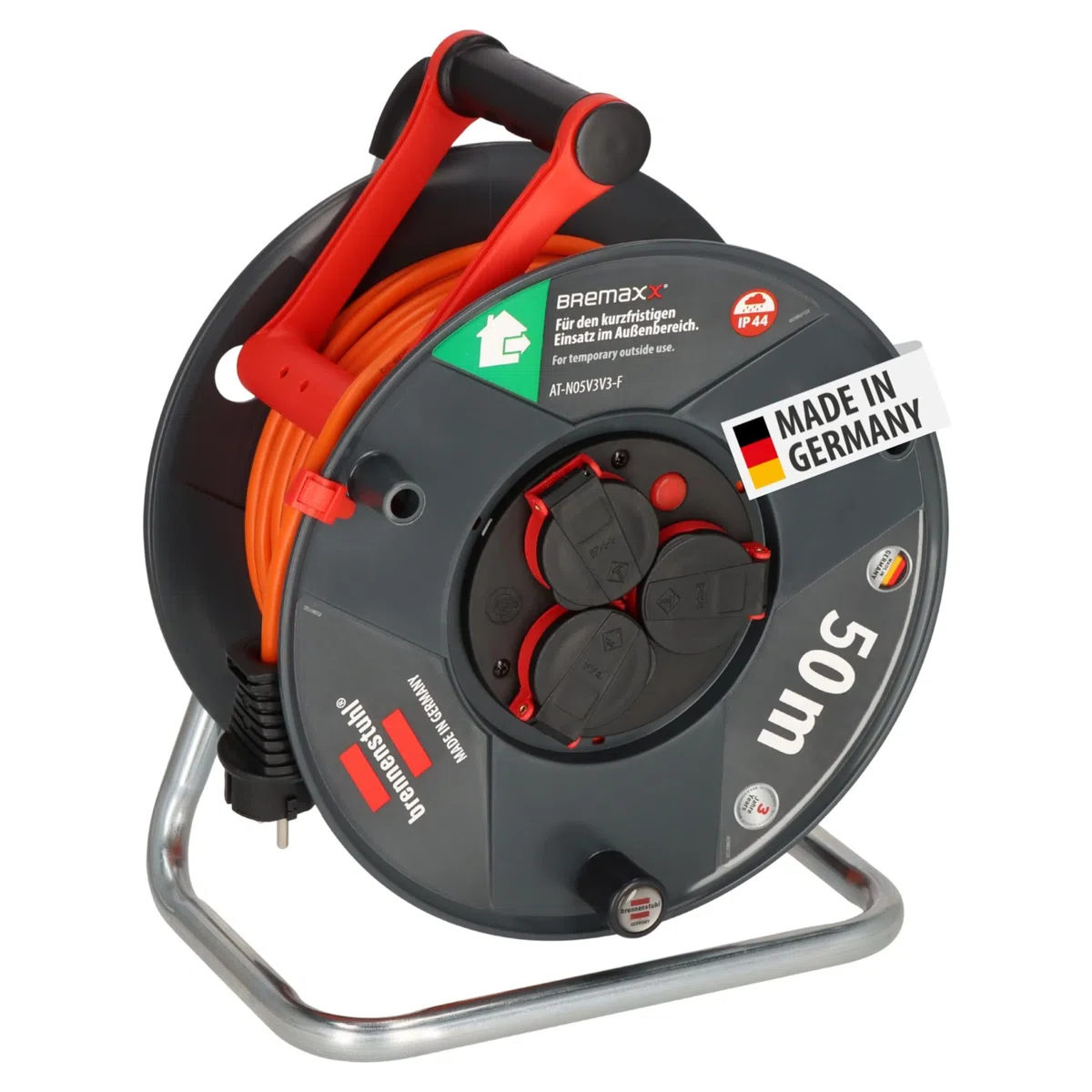 Brennenstuhl Garant V2 IP44 Kabeltrommel 50m Outdoor (Made in Germany, 3 Schutzkontakt-Steckdosen, Überhitzungsschutz, kurzfristiger Einsatz im Außenbereich)