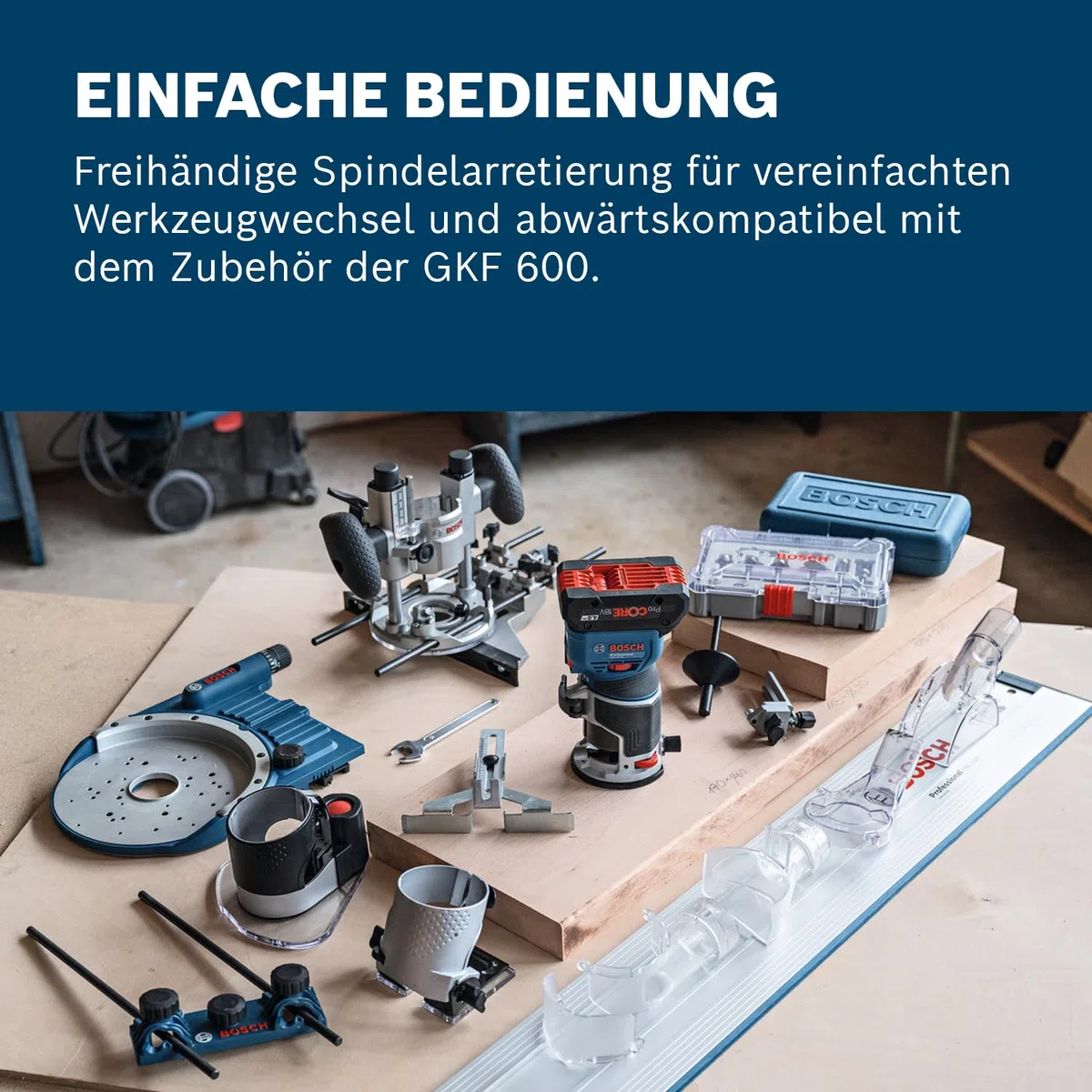 Bosch Professional 18V System Akku-Kantenfräse GKF 18V-8 (inkl. Parallelanschlag, 2x Saugadapter zum Fräsen, Spanschutz, 8-mm-Spannzange, Spannschlüssel, L-BOXX ohne Akku/Ladegerät)