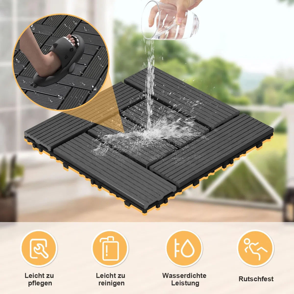 Fiqops 10 Stück WPC Terrassenfliesen, 30x30 cm WPC Fliesen,Balkon Bodenfliese mit Klick-System,Balkonfliesen in Holzoptik,Terrassendielen Wasserfest für Terrasse,für 10m²,Anthrazit