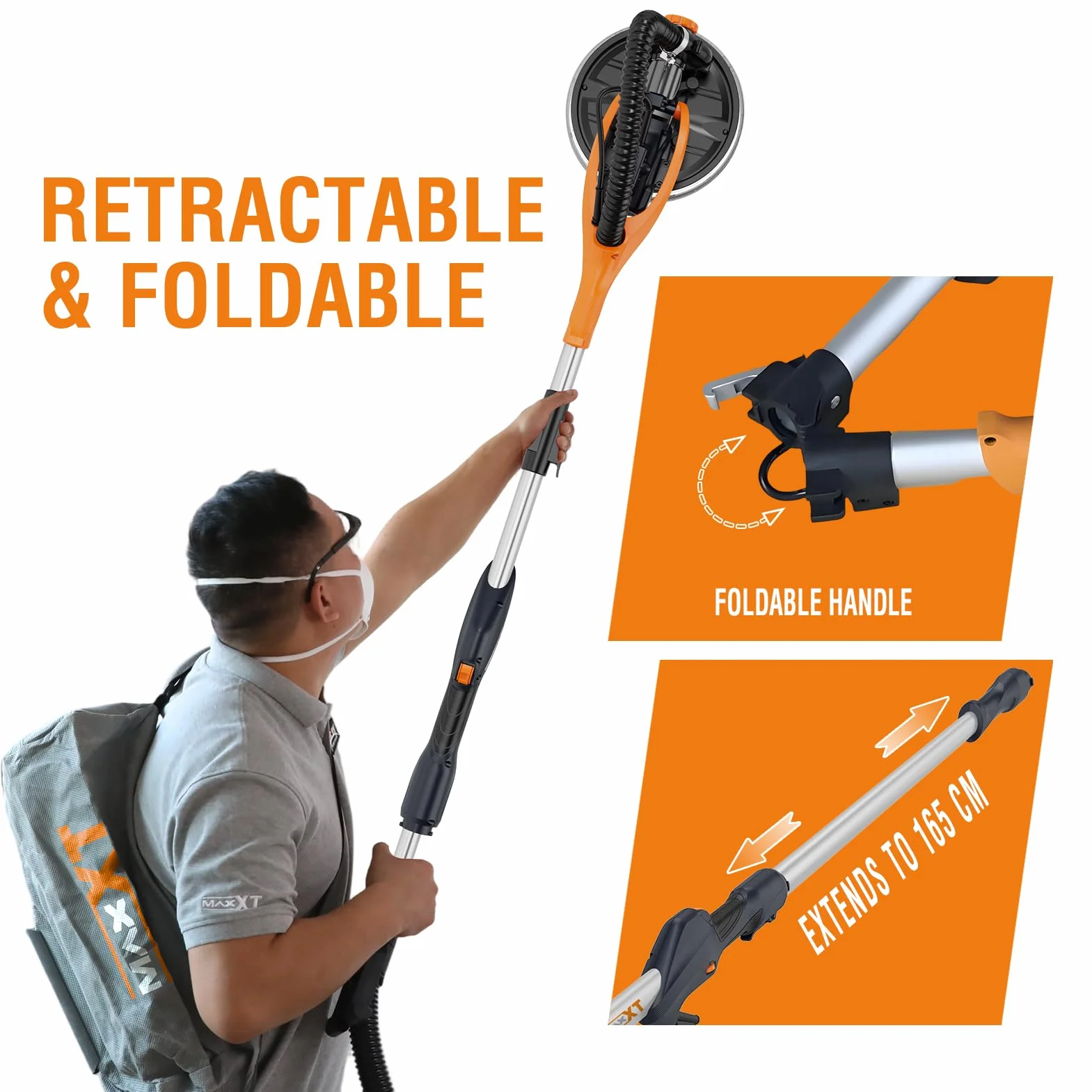 MAXXT 820W Trockenbauschleifer mit Ring-LED-Beleuchtung | Klappgriff + Verlängerungsrohr(bis 165cm) | 215mm Schleifplatte & 225mm Schleifpapier | 600-1900 U/min | six dust bag