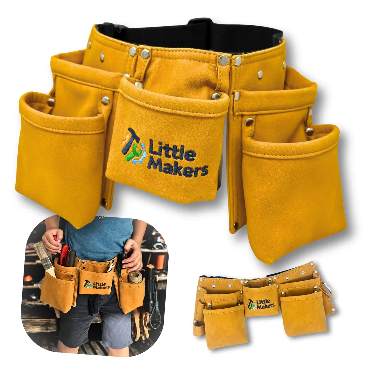 Kinder Werkzeuggürtel – Robuster Handwerker-Gürtel für kleine Baumeister, mit Werkzeugtaschen, Hammerschlaufe & Karabiner zum Werken, Bauen & Basteln - stufenlos anpassbar & mitwachsend