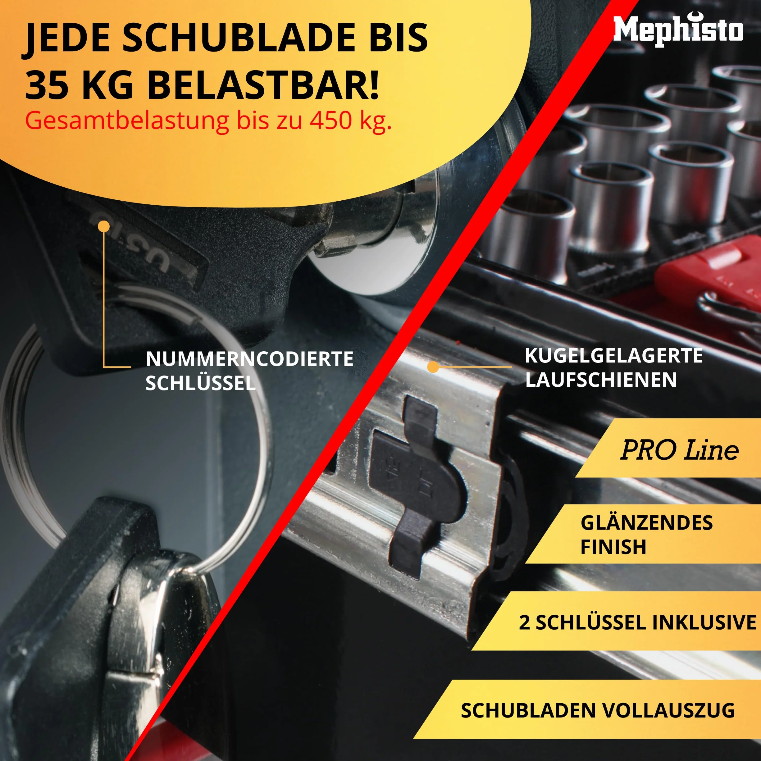 Mephisto Pro-Line BIG Werkzeugwagen Werkstattwagen gefüllt mit 12 Schubfächer davon 11 inkl. Werkzeug wie VDE Schraubendreher, Ratsche mit Nusskasten, Schraubendreher-Set in Soft Inlays in Carbon Lock
