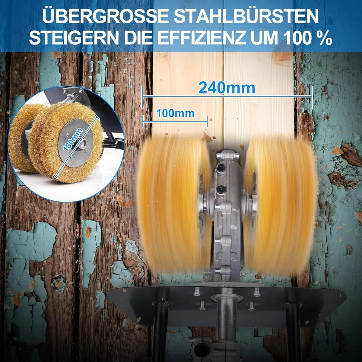 3850W 6in1 Satiniermaschine für Holz Metall, Unkrautentferner zum Fugen | 2X Ø180mm Schleifbürste, 4000RPM, 6 Stufen, Schleifmaschine mit Lang Griff, Bürstenschleifer zur Renovierung von Oberflächen