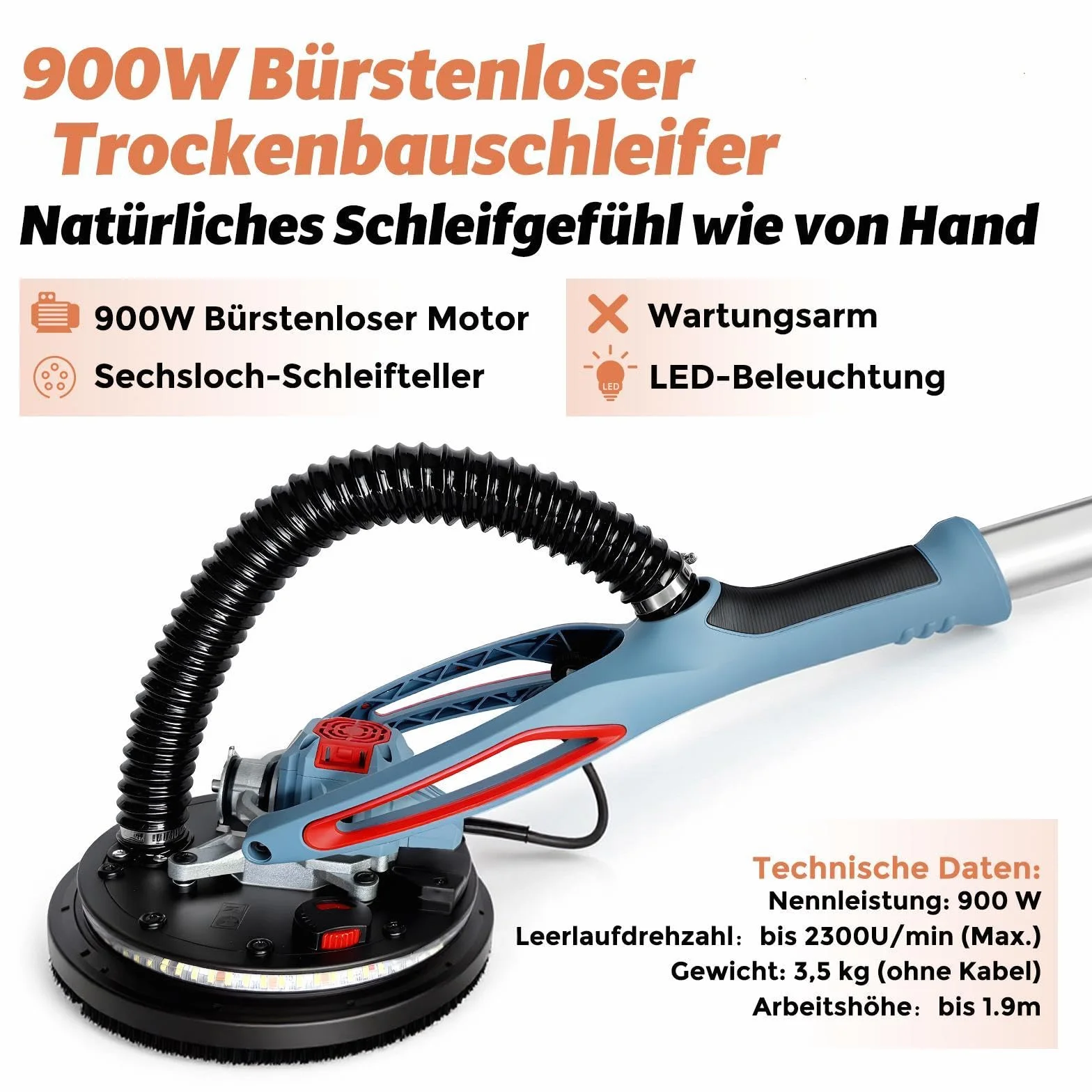 FANZWORK Trockenbauschleifer mit Bürstenlosem EC-Motor 900W, ULTRA-Leicht, 225mm Schleifgiraffe, bis 2300 U/min, Länge bis 1,9m, inkl. LED, 3,8m Kabel, Schleifscheiben, Sauger-Adapter, Tragkoffer