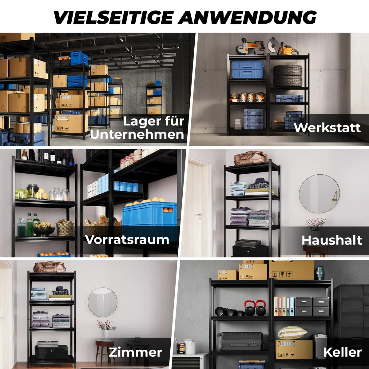ALL Premium Metallregal Schwarz mit Schwerlastregal Metallböden 200x100x50cm - 1000kg Traglast 100% Kaltgewaltzer Stahl - Regal 100 cm Breit, Regal 50cm tief lagerregal Metall