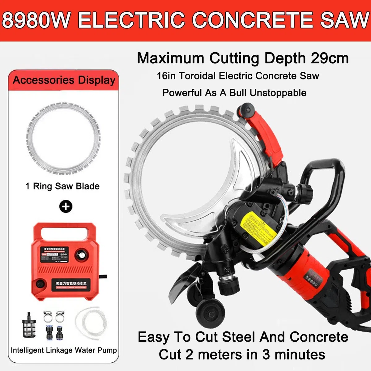 Industrielle BetonringsäGe Mit 8980 W | Intelligente Wasserversorgung Mit Verbindungswasserpumpe | 16-Zoll-Diamantklinge | 29 cm Schnitttiefe | 3000 U/Min | FüR Granit, Beton,1blade